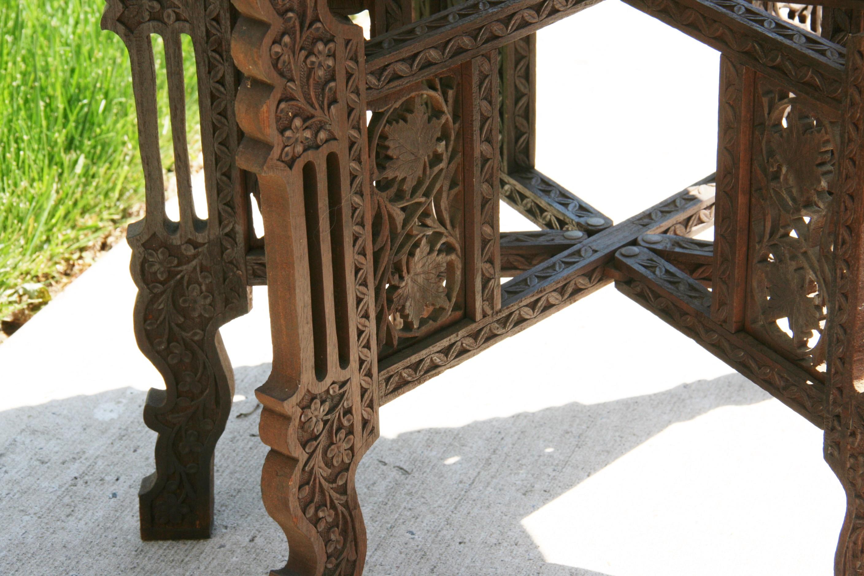 Folding Table with Hand Hammered Brass Top and Carved Wood Base For Sale 4