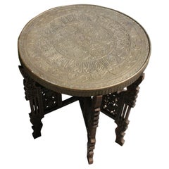 Folding Table with Hand Hammered Brass Top and Carved Wood Base