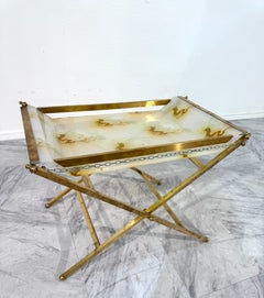 Folding Tray Table in Brass with Painted Glass Top, 1970s Italy