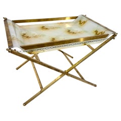 Table pliante en laiton avec plateau en verre peint, 1970 Italie