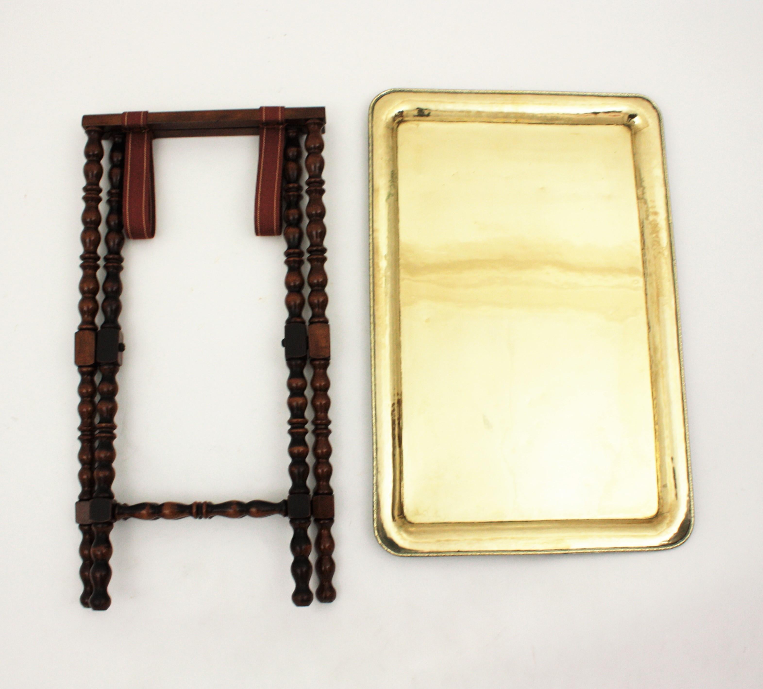 Spanish Wood and Brass Folding Tray Table, 1960s For Sale 6