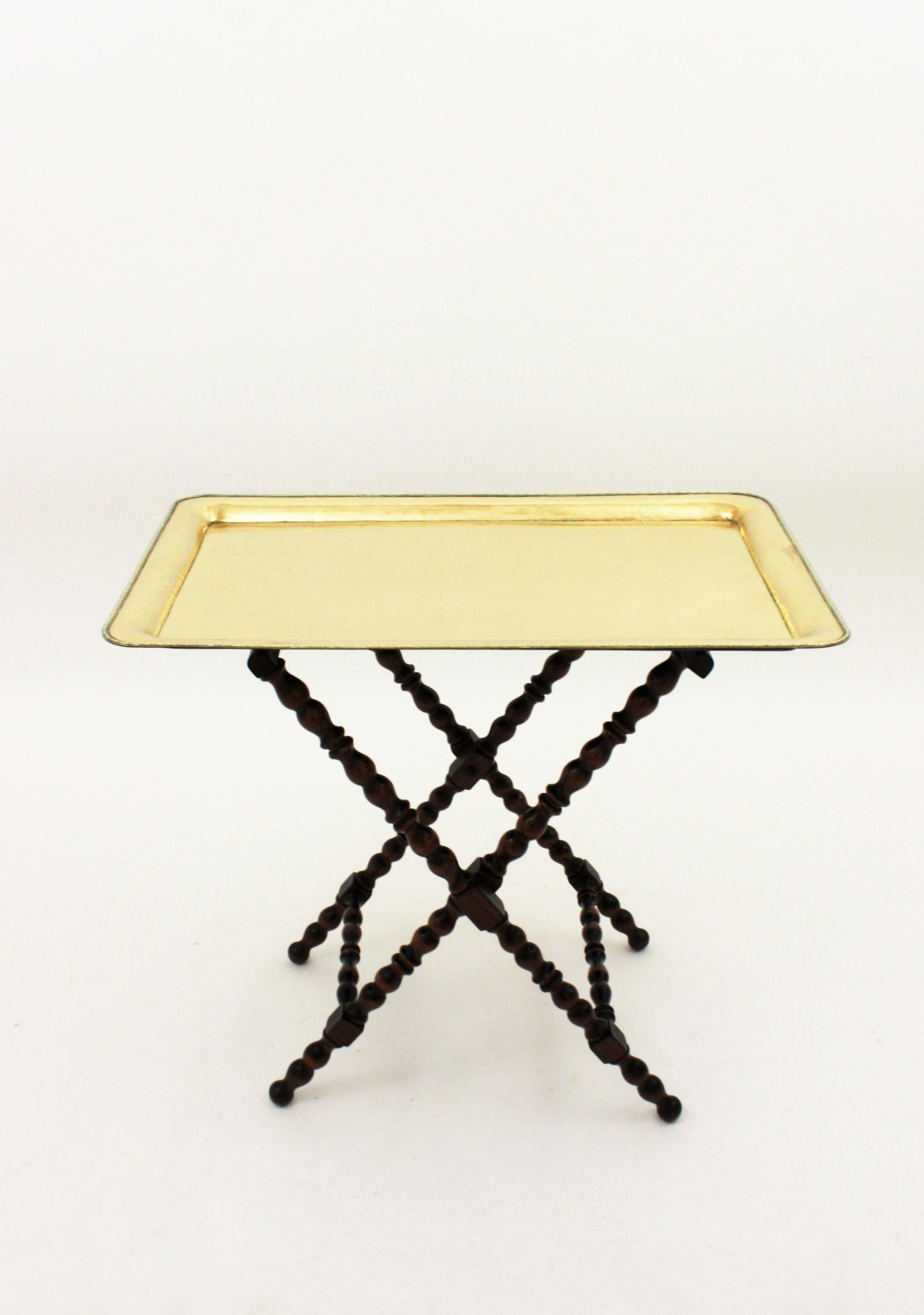 Mid-Century Modern Spanish Wood and Brass Folding Tray Table, 1960s For Sale
