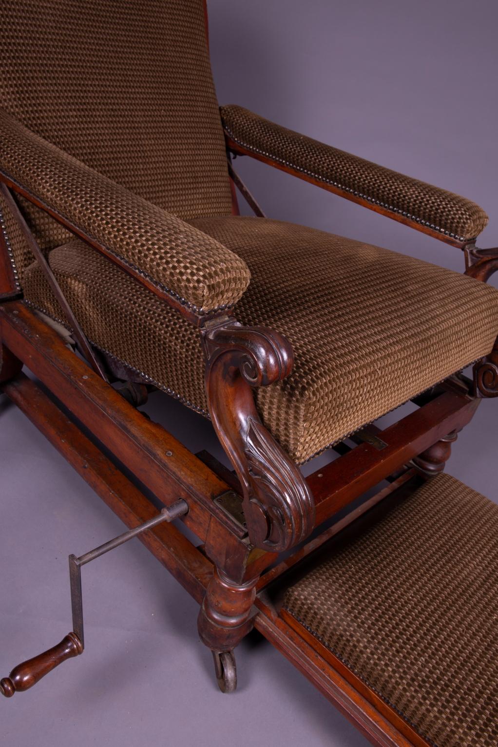 Reclining Victorian campaign chair, circa 1850 with winding mechanism and extending foot rest. Excellent quality, bearing the maker's name of Alderman, 16 Soho Square, London.