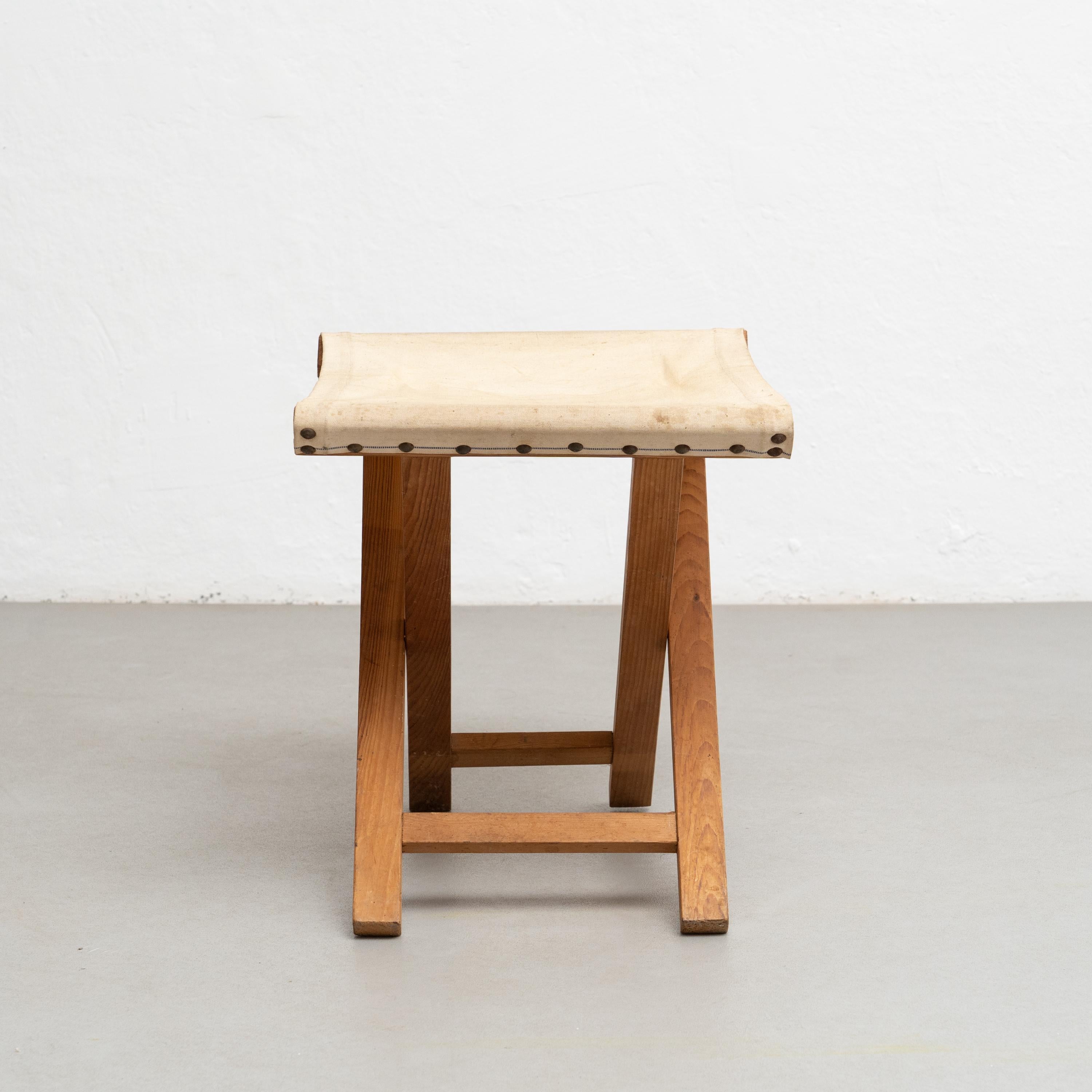 Mid-Century Modern Folding Wood and Fabric Stool, circa 1960 For Sale