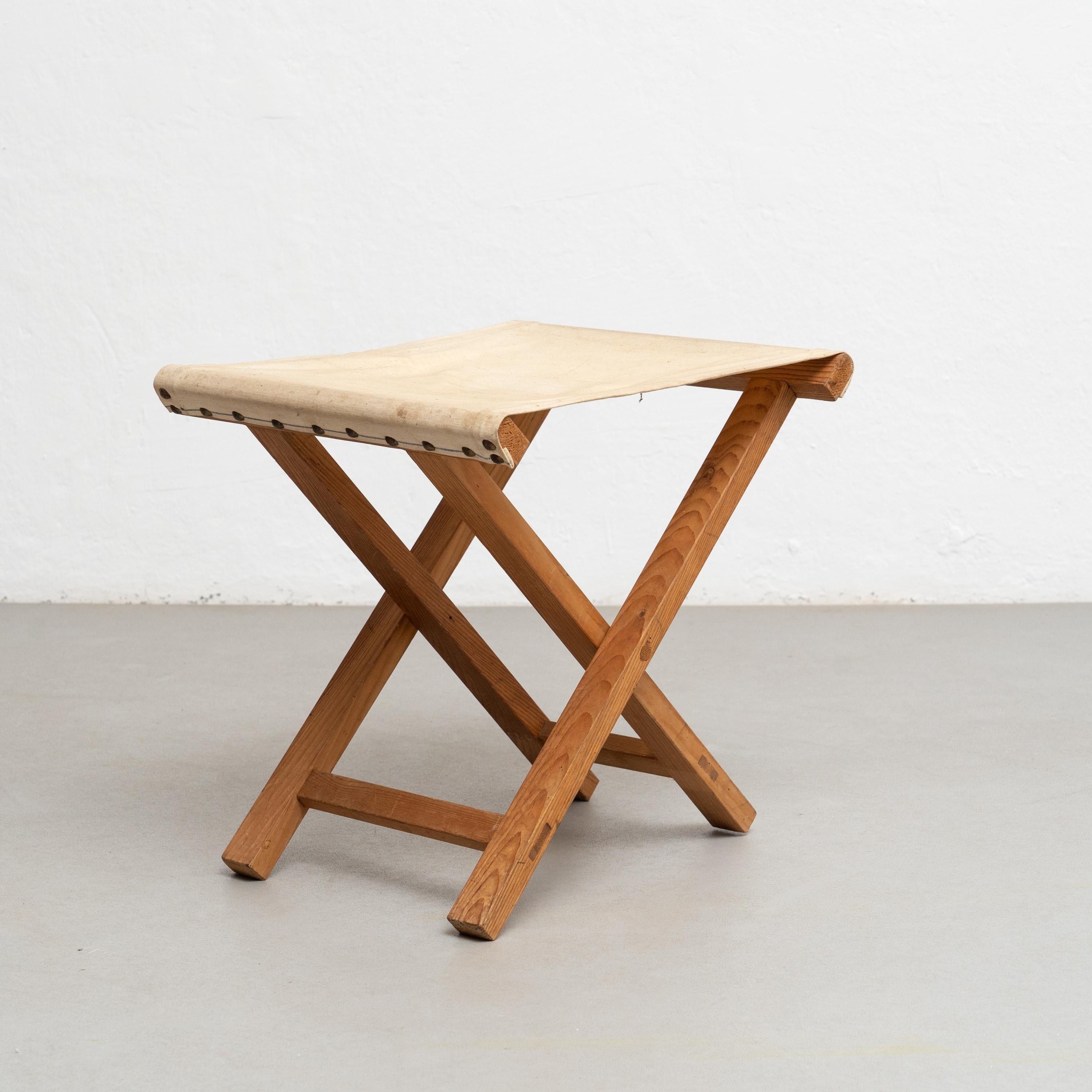 Spanish Folding Wood and Fabric Stool, circa 1960 For Sale