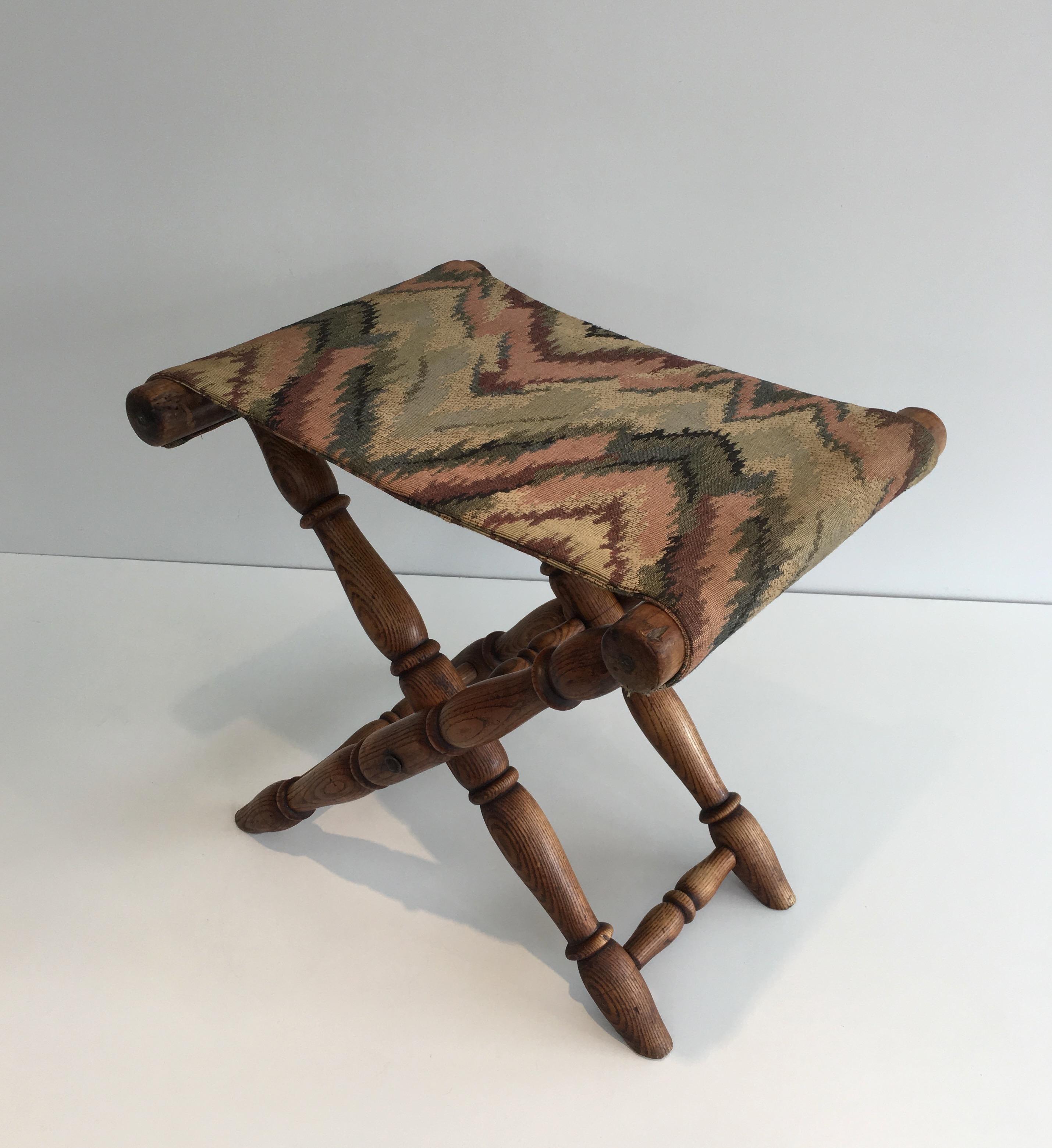Arts and Crafts Folding Wood and Tapestry Stool, French, circa 1900
