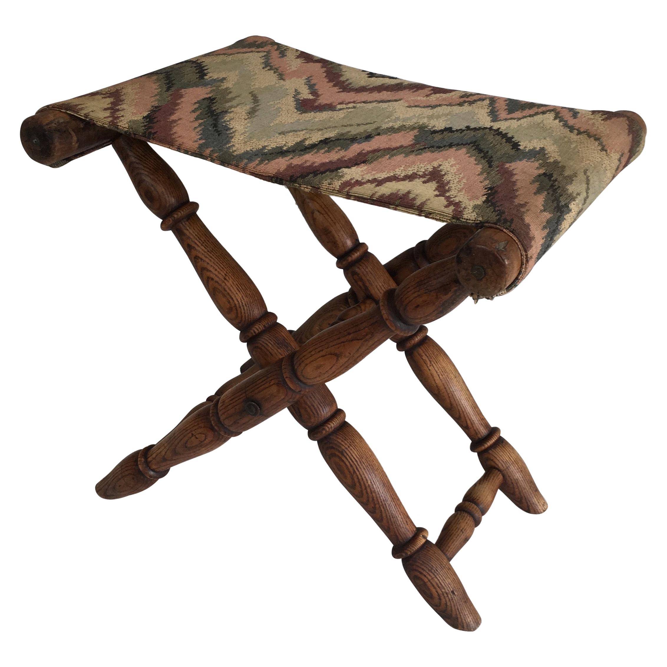 Folding Wood and Tapestry Stool, French, circa 1900