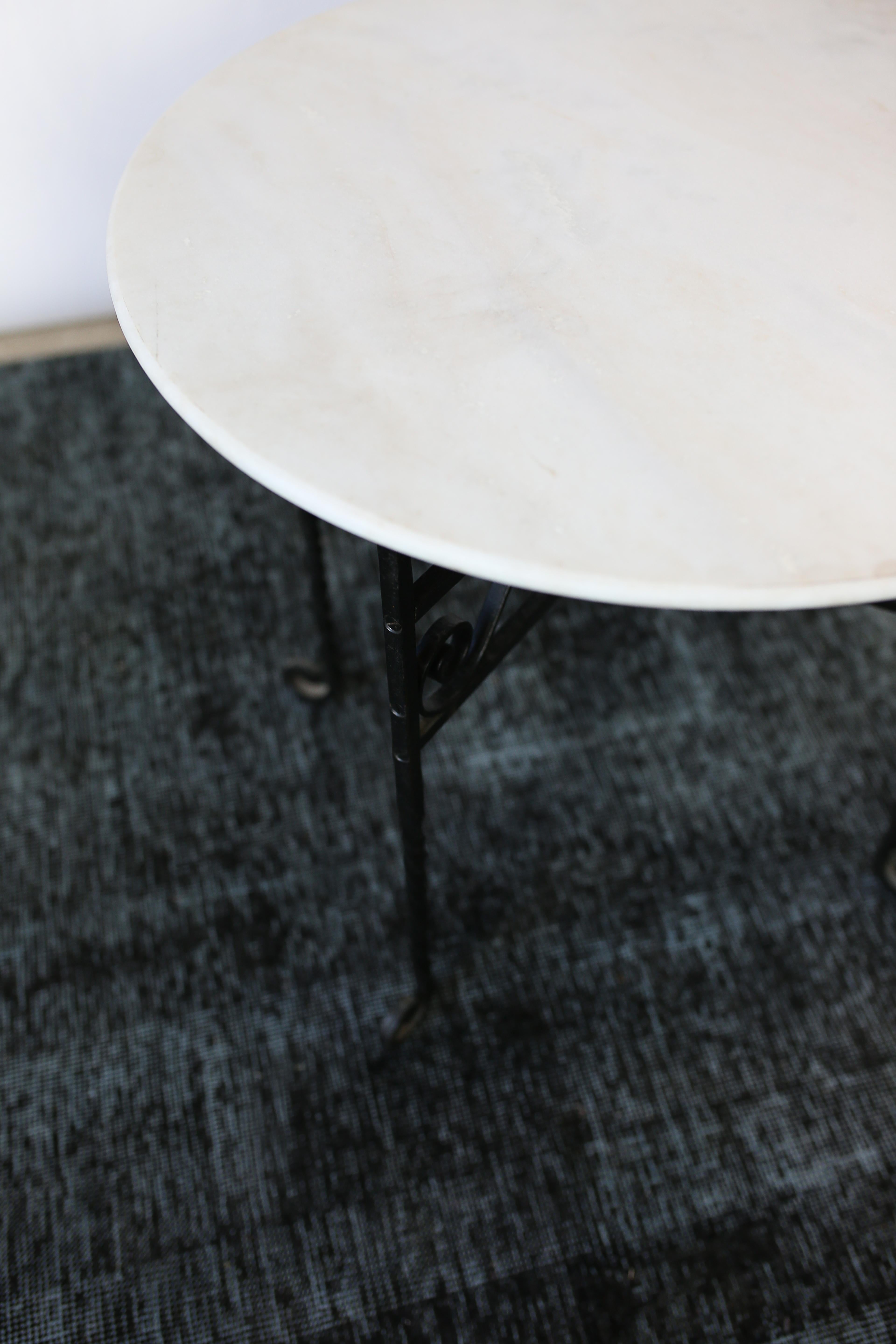 Mid-Century Modern Small White Marble-Top and Folding Wrought Iron Accent Tables