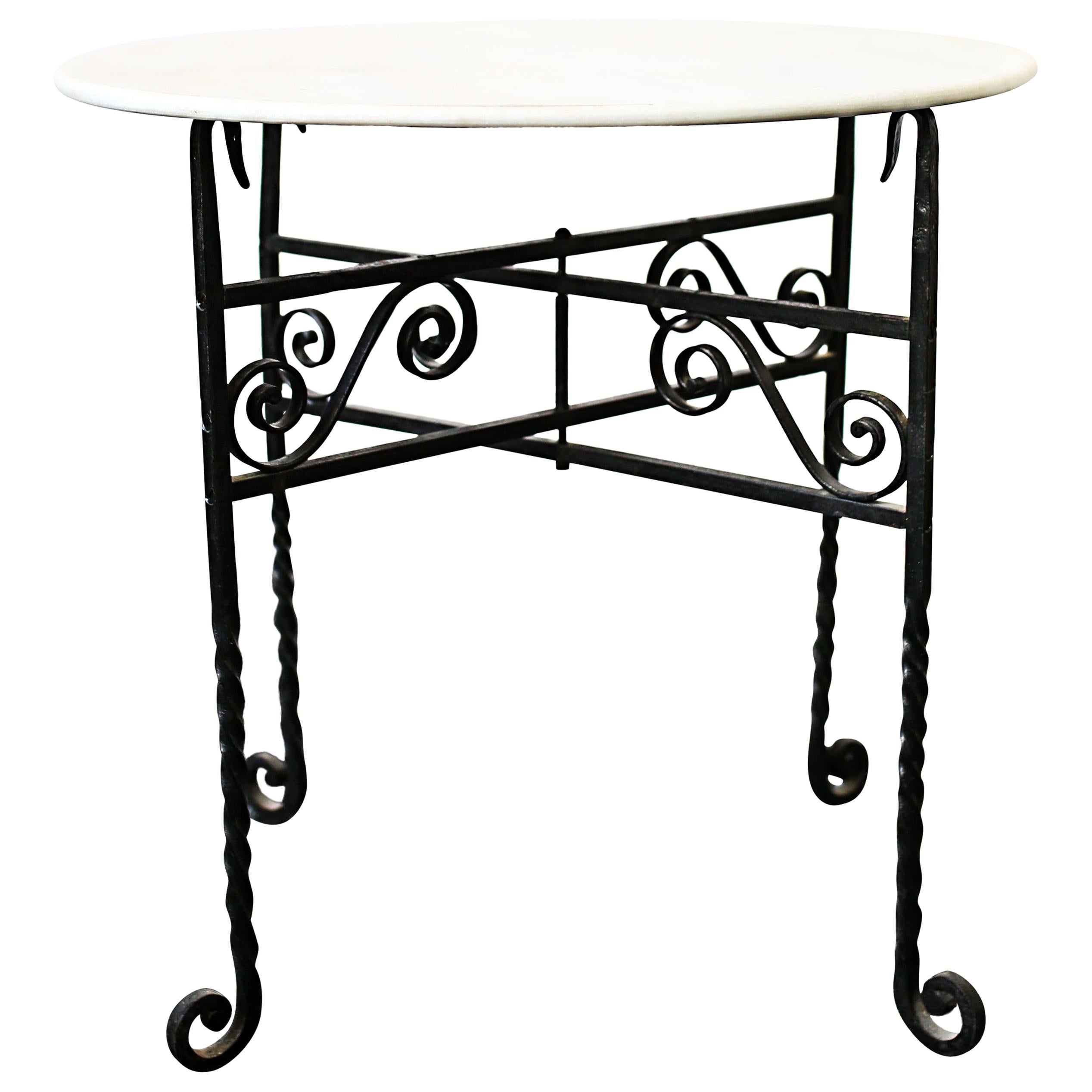 Small White Marble-Top and Folding Wrought Iron Accent Tables For Sale