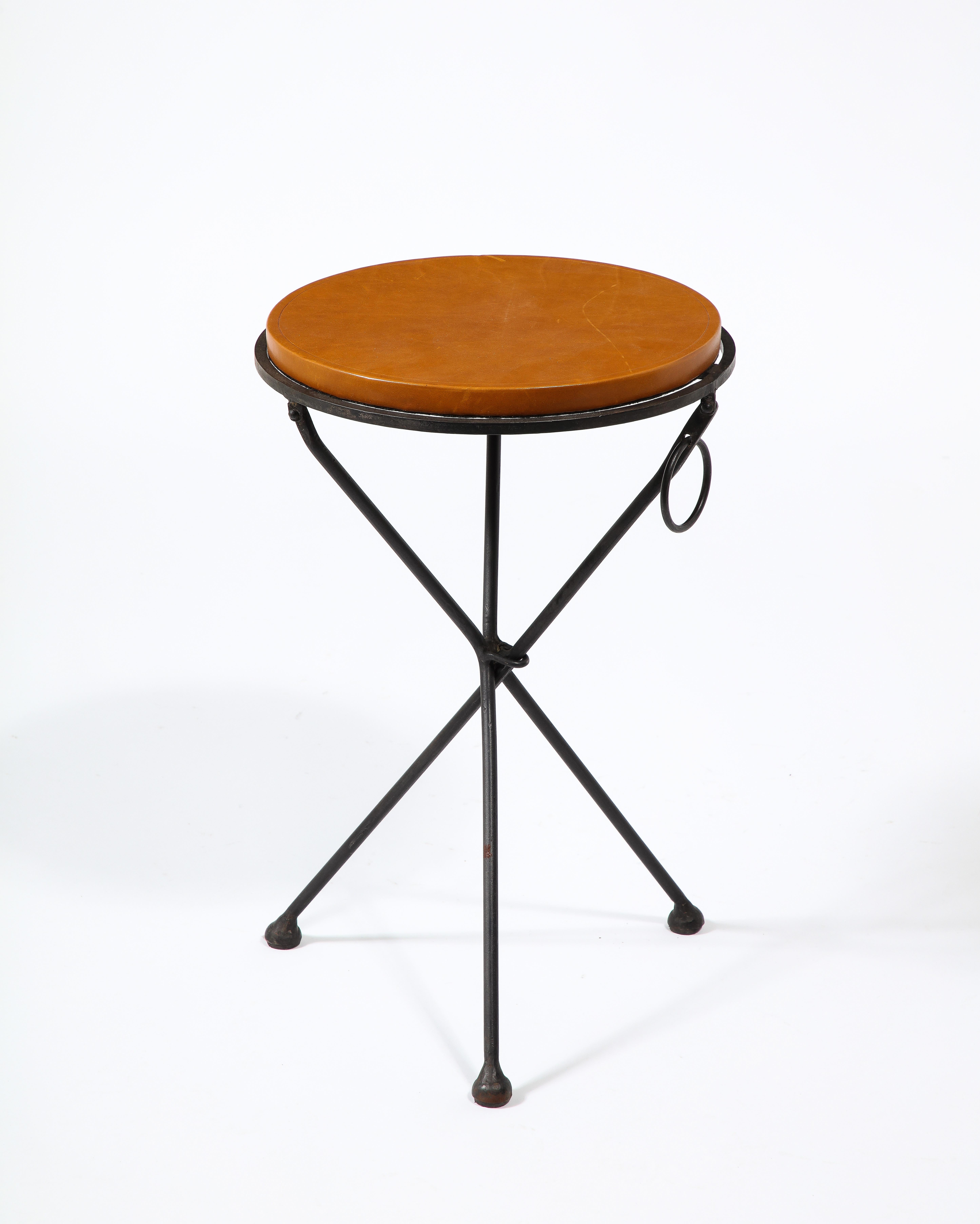 French Folding Wrought Iron End Table with Leather Top, France 1960's For Sale