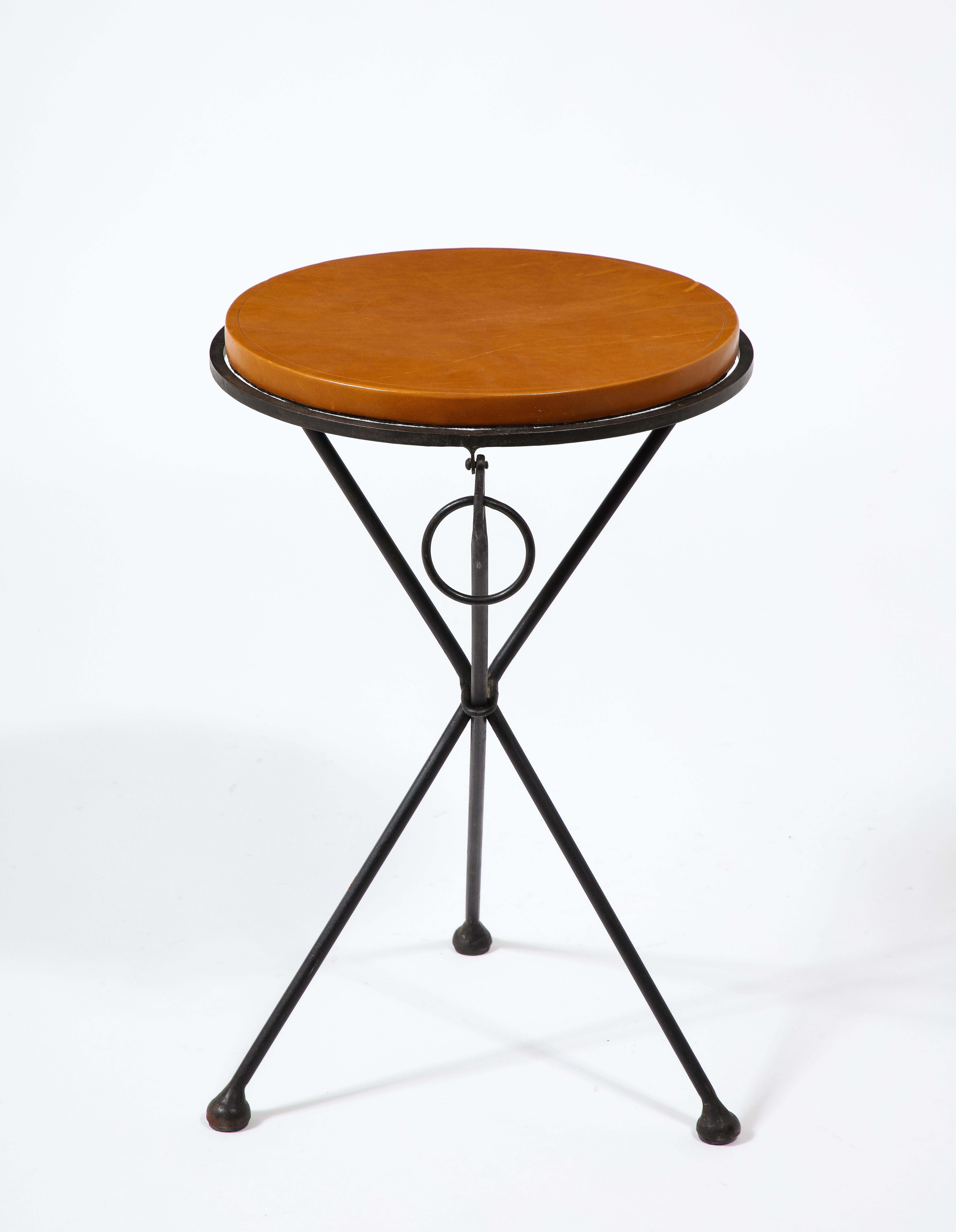 Folding Wrought Iron End Table with Leather Top, France 1960's For Sale 1