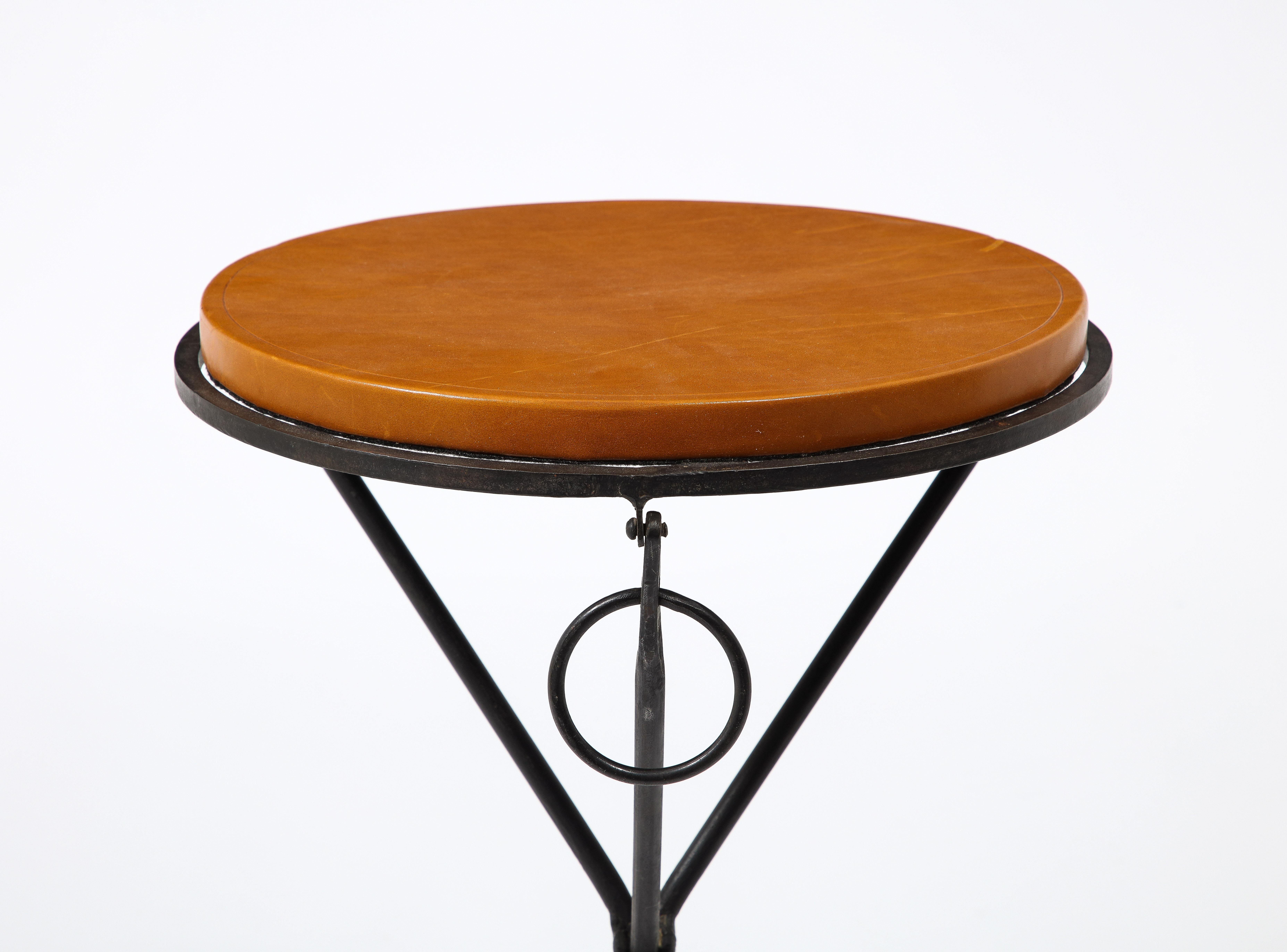 Folding Wrought Iron End Table with Leather Top, France 1960's For Sale 2