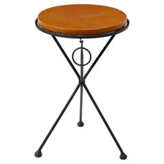 Vintage Folding Wrought Iron End Table with Leather Top, France 1960's