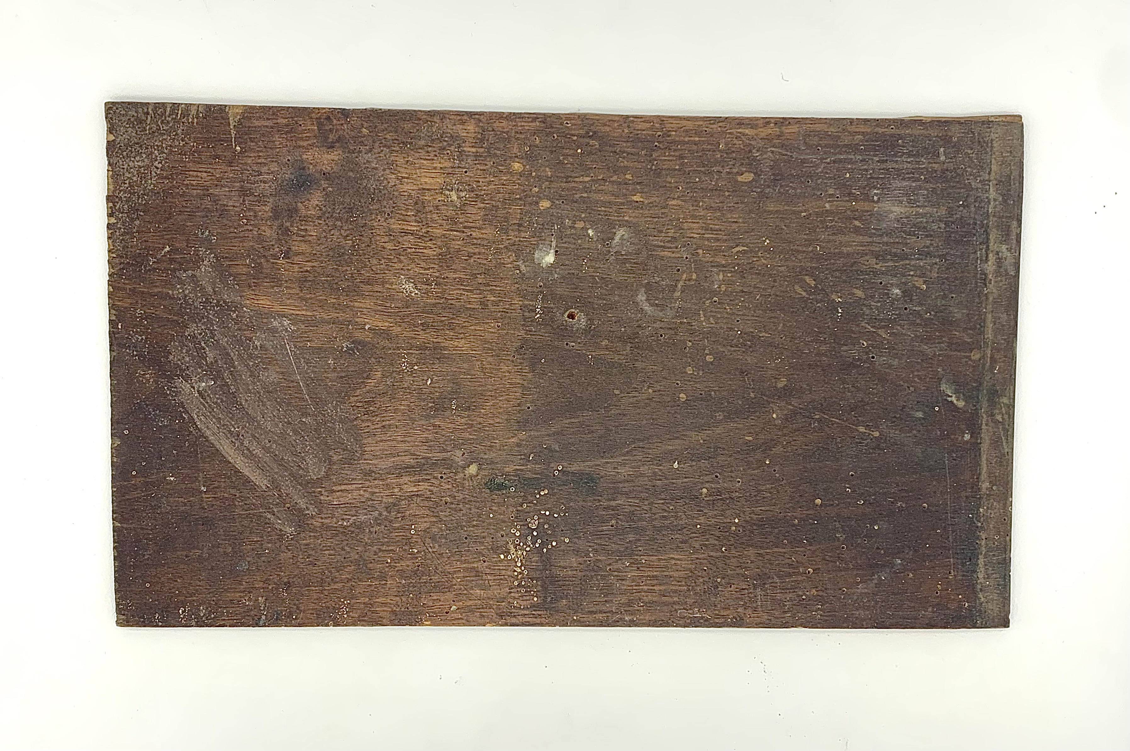 Questo affascinante quadro naif di due gatti, uno con la pelliccia bianca e l'altro con la pelliccia tigrata marrone rossiccia, è stato dipinto su un pannello di legno con colori a olio. È stato dipinto intorno all'ultimo decennio del XIX secolo. Il