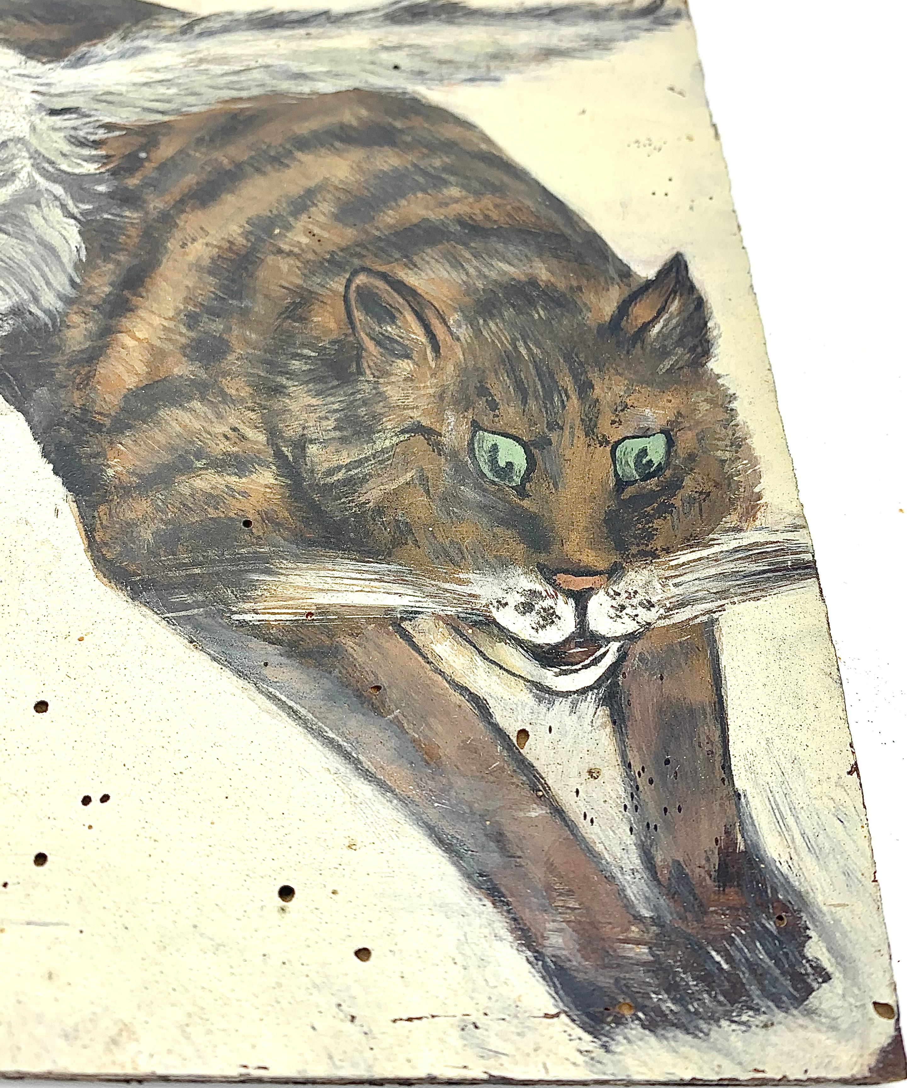 Français Peinture d'art populaire - Animaux - Chats bruns et blancs et souris - Huile sur panneau en vente