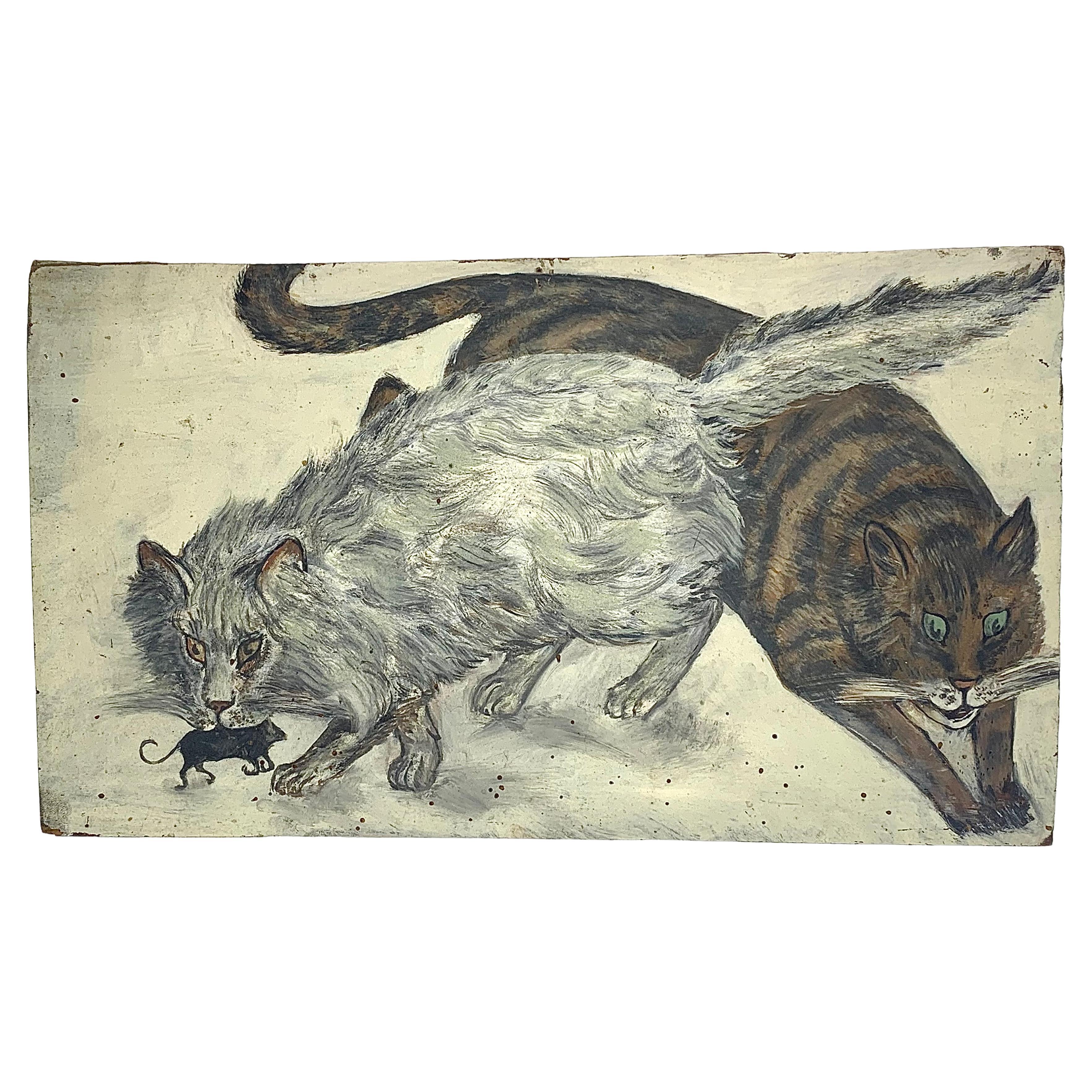 Peinture d'art populaire - Animaux - Chats bruns et blancs et souris - Huile sur panneau en vente