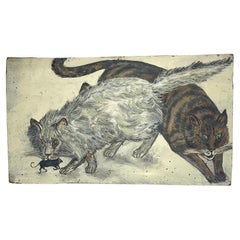 Peinture d'art populaire - Animaux - Chats bruns et blancs et souris - Huile sur panneau
