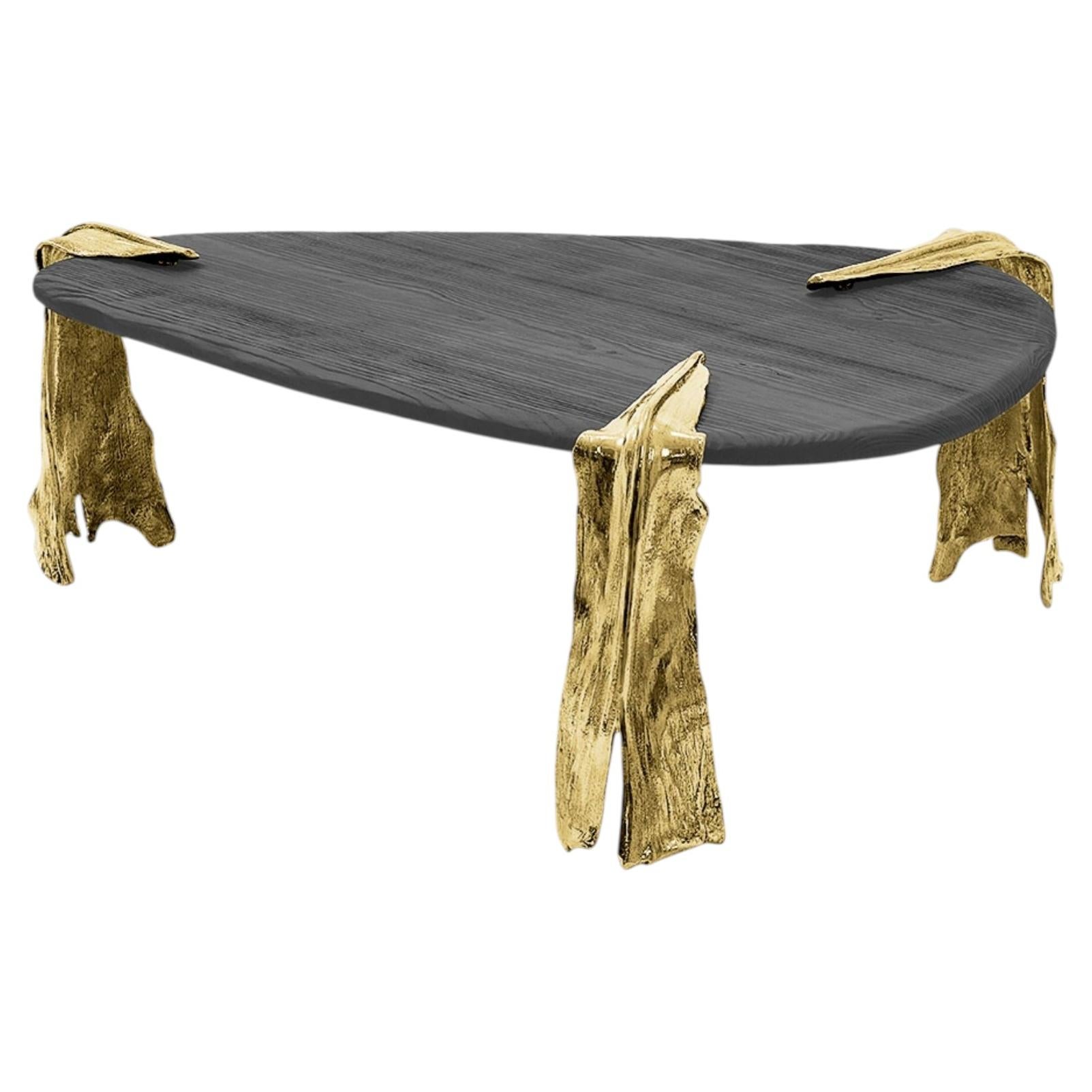 Folia Center Table in Brass and Pinewood Design with Gold Details