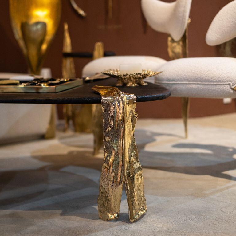 Hand-Crafted Folia Center Table - Brass and pinewood design with golld finish For Sale
