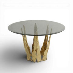 Folia Dining Table: Handcrafted Brass Base & Smoked Glass Top, Collectible piece