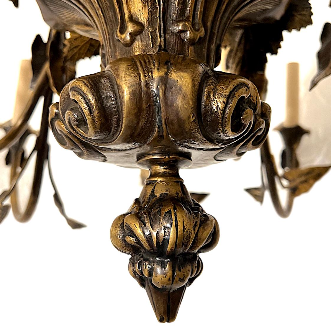 Patinated Foliage Bronze Chandelier For Sale