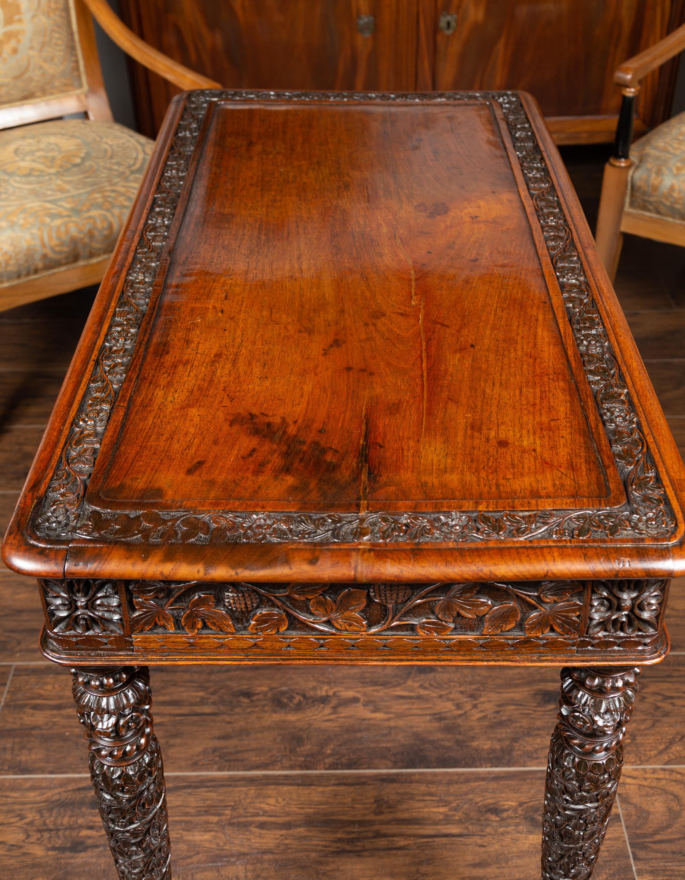 Foliage Carved 1900s Anglo-Indian Table with Two Drawers and Turned Legs 5
