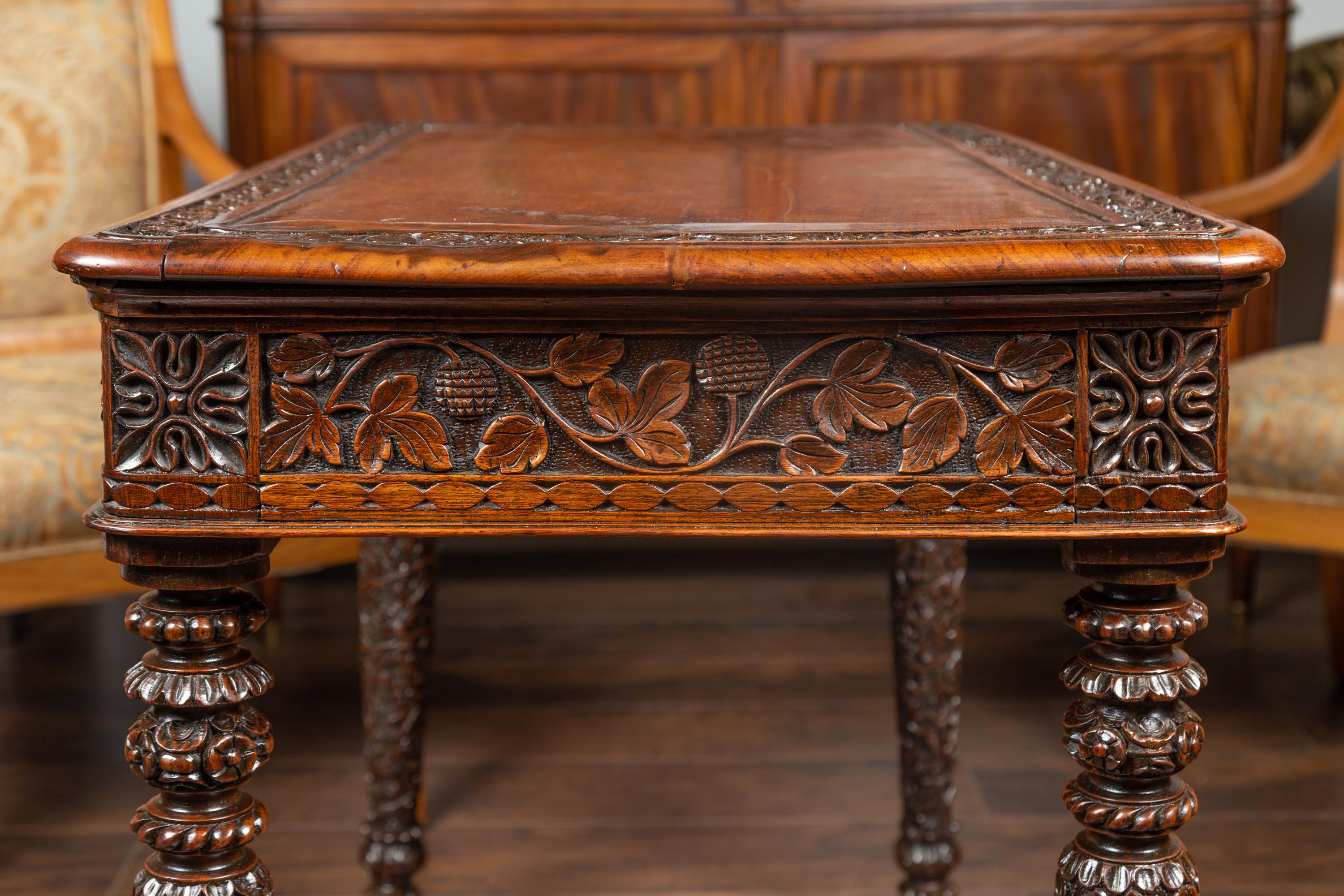 Foliage Carved 1900s Anglo-Indian Table with Two Drawers and Turned Legs 7