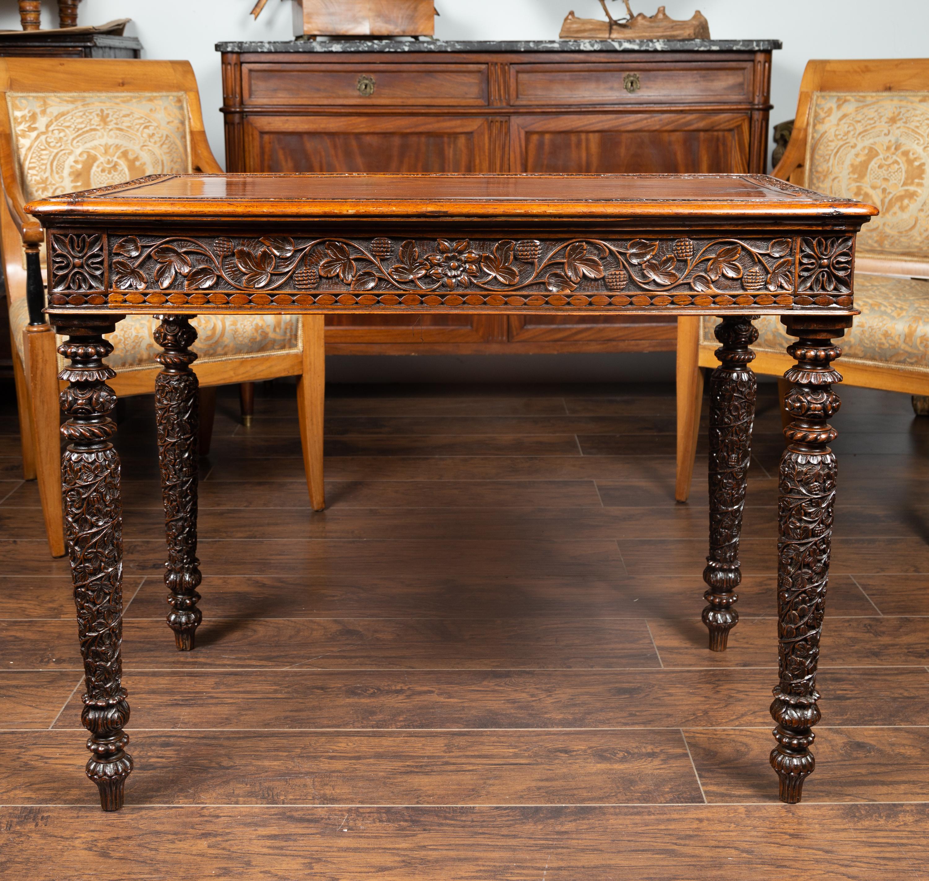 Foliage Carved 1900s Anglo-Indian Table with Two Drawers and Turned Legs 9
