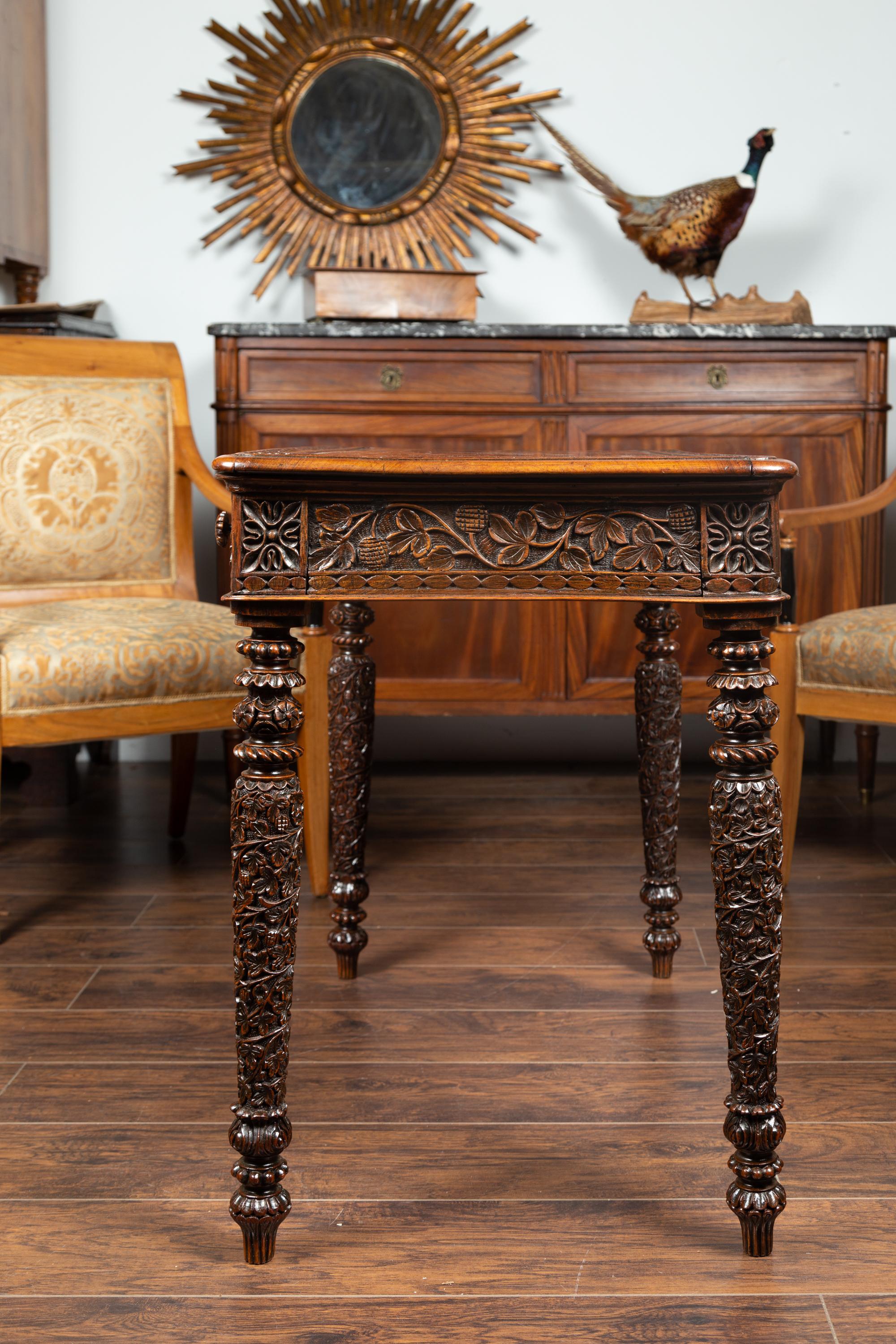 Foliage Carved 1900s Anglo-Indian Table with Two Drawers and Turned Legs 10