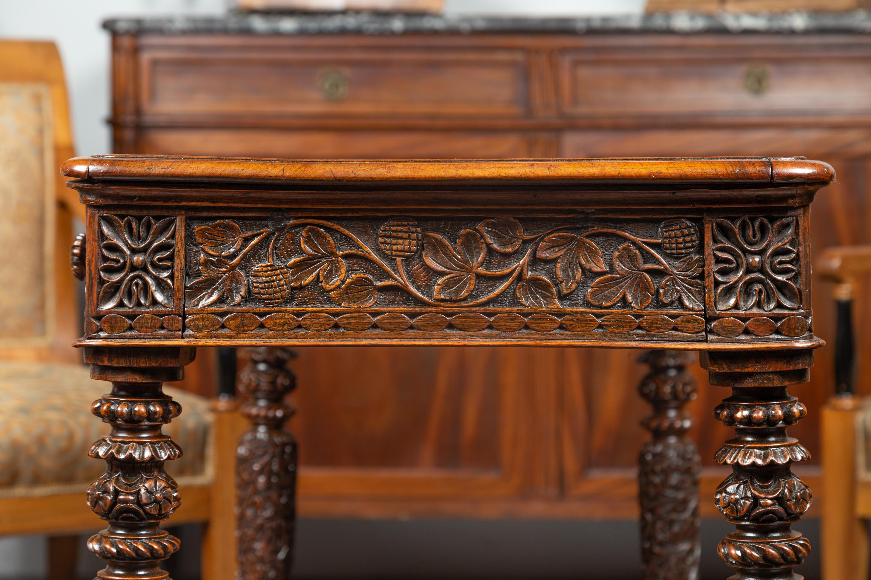 Foliage Carved 1900s Anglo-Indian Table with Two Drawers and Turned Legs 11