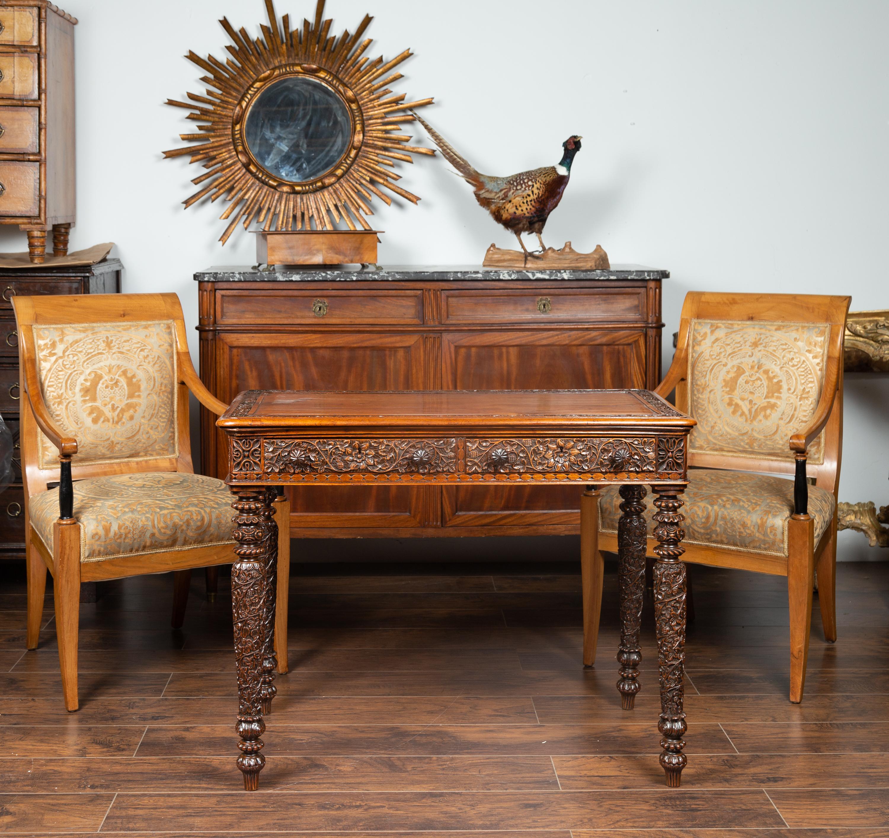 Foliage Carved 1900s Anglo-Indian Table with Two Drawers and Turned Legs In Good Condition In Atlanta, GA