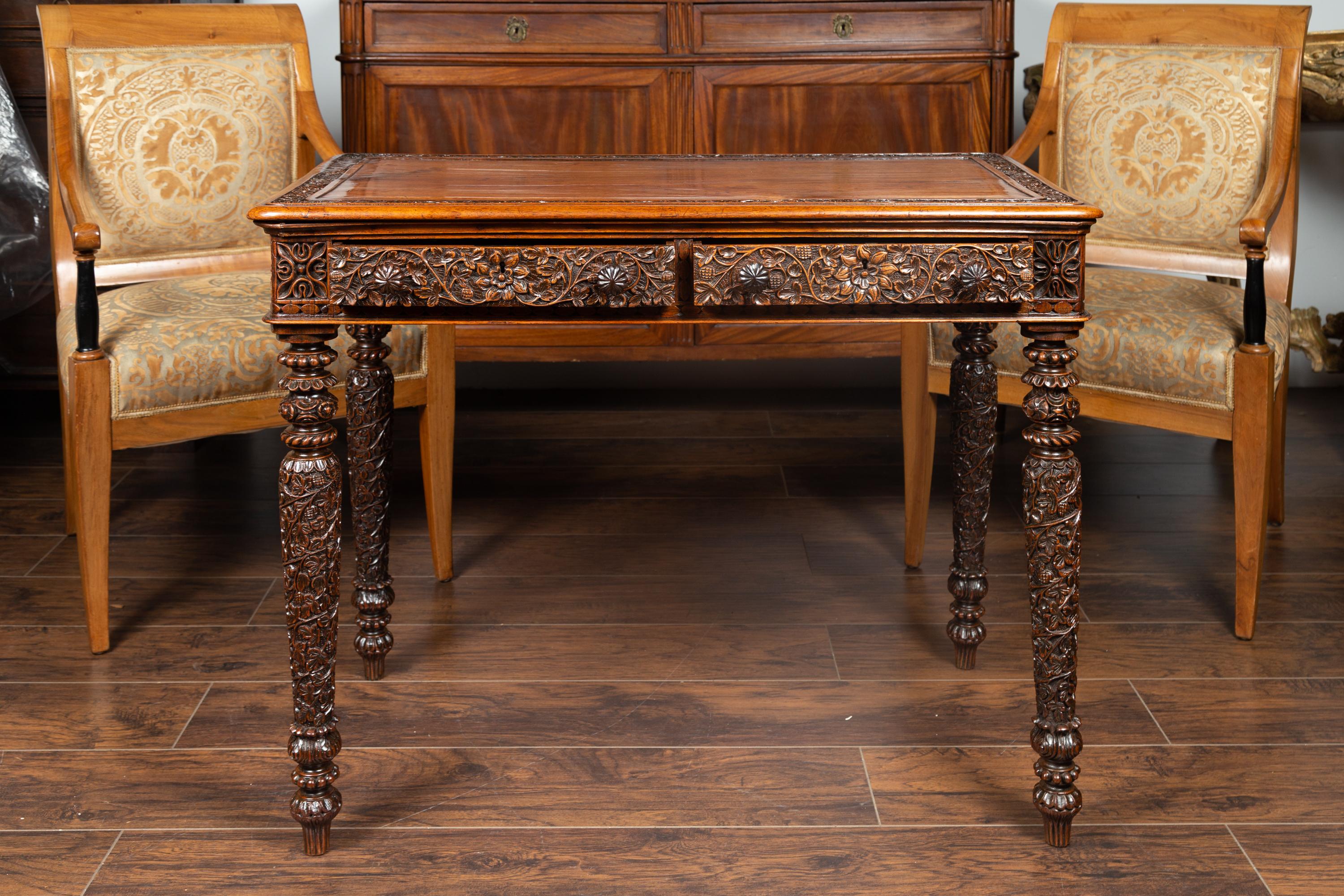 Foliage Carved 1900s Anglo-Indian Table with Two Drawers and Turned Legs 1
