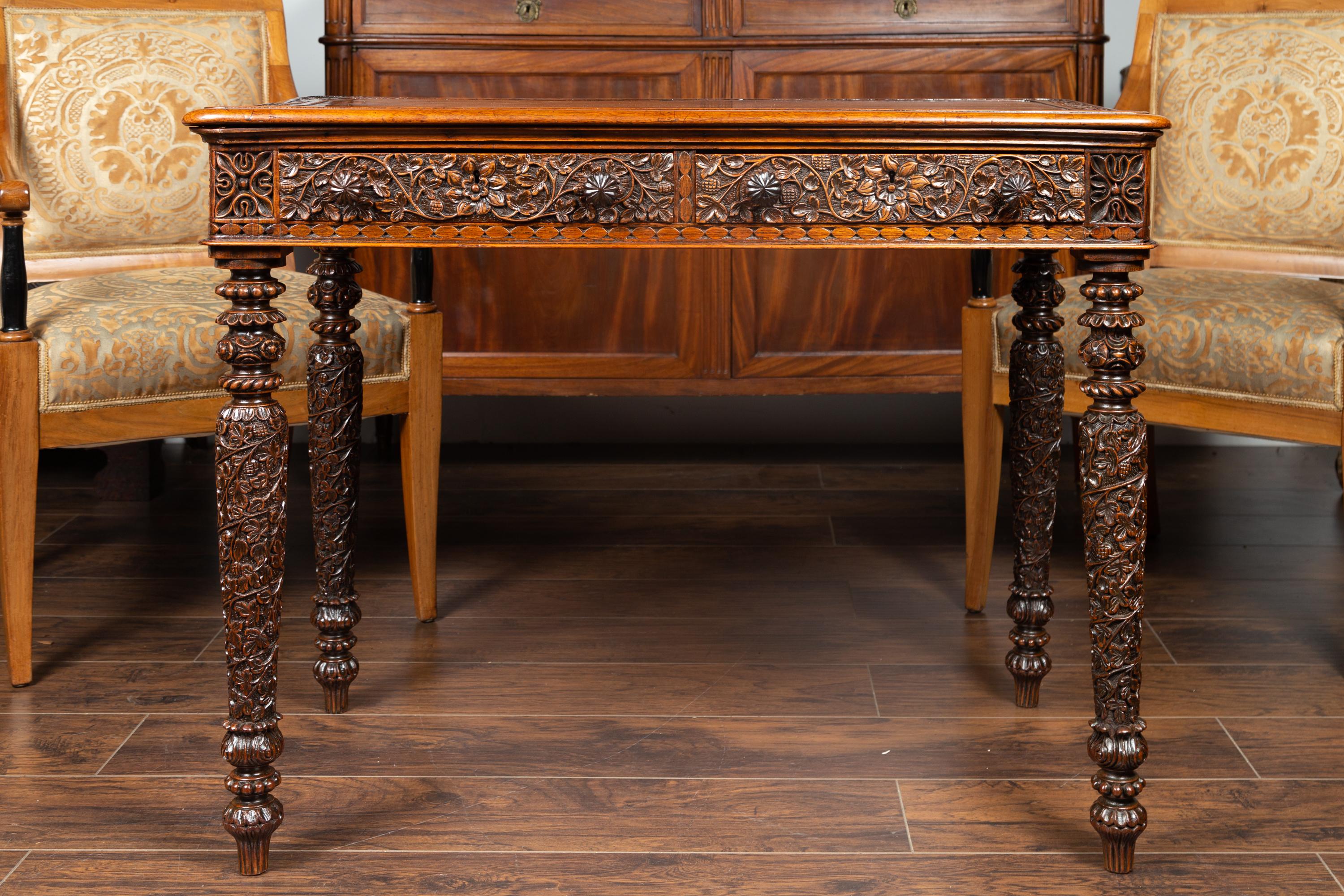 Foliage Carved 1900s Anglo-Indian Table with Two Drawers and Turned Legs 2