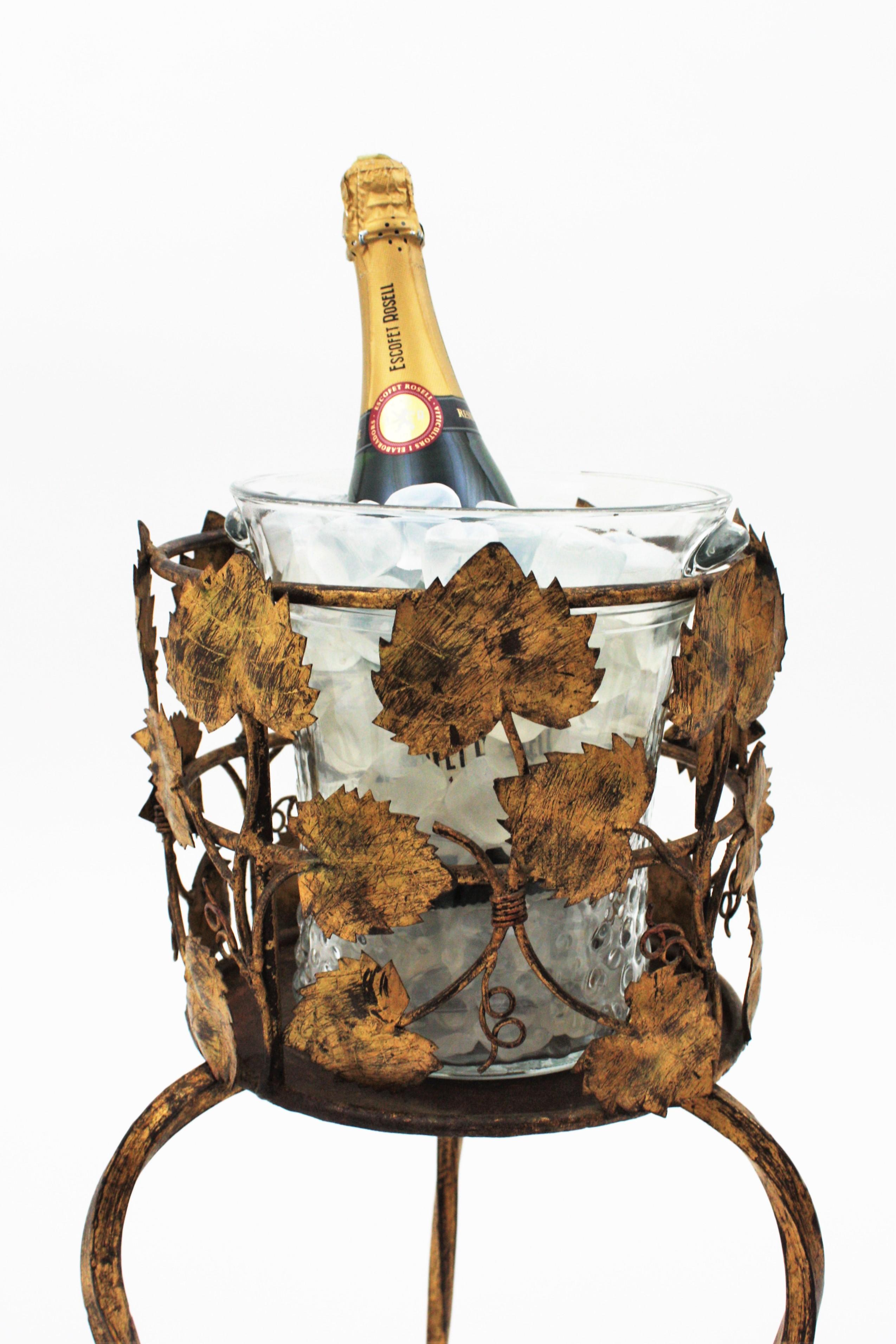 Spanish Champagne Wine Cooler Stand Ice Bucket / Drinks Stand, Foliage Design, Gilt Iron For Sale