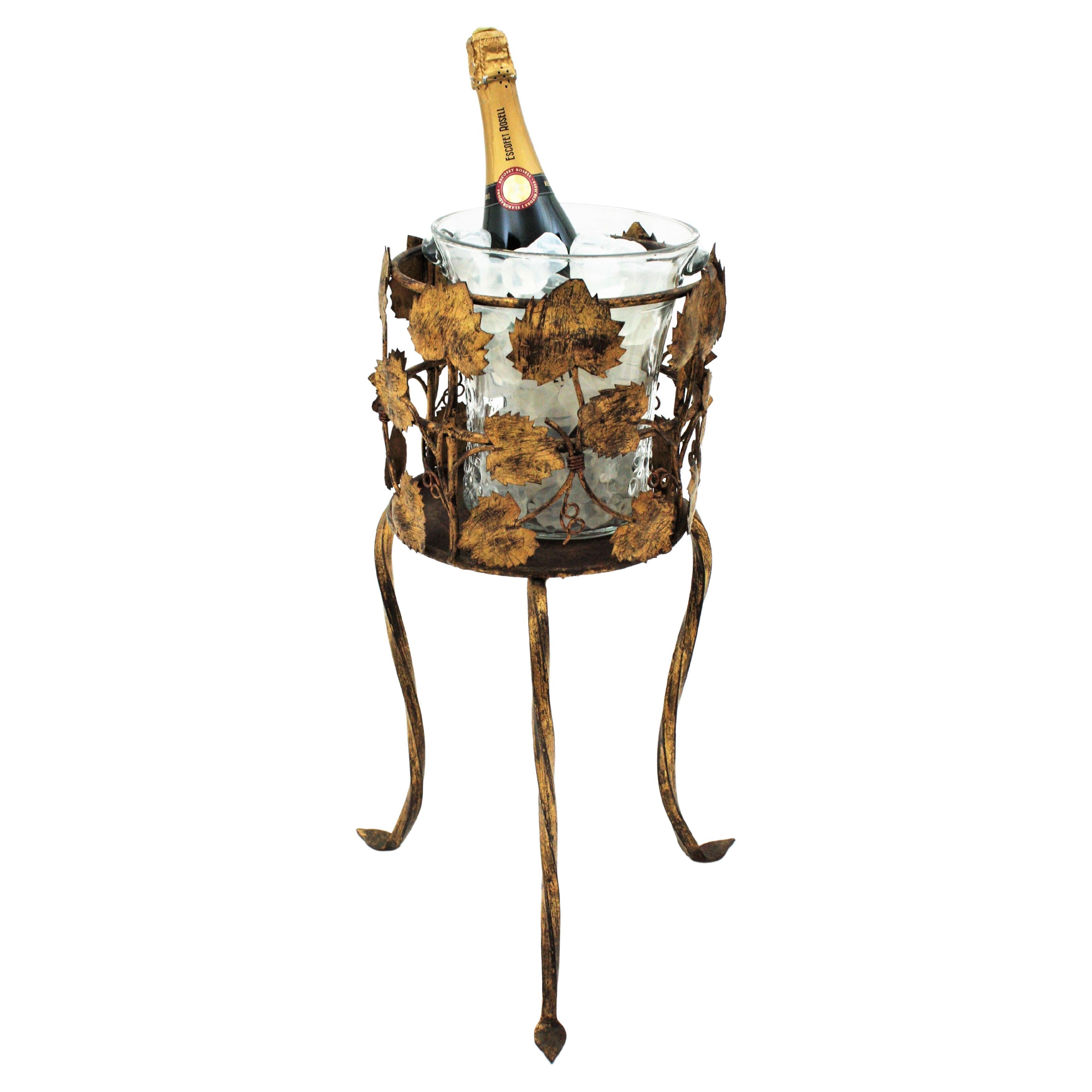 Champagne Wine Cooler Stand Ice Bucket / Drinks Stand, Foliage Design, Gilt Iron For Sale