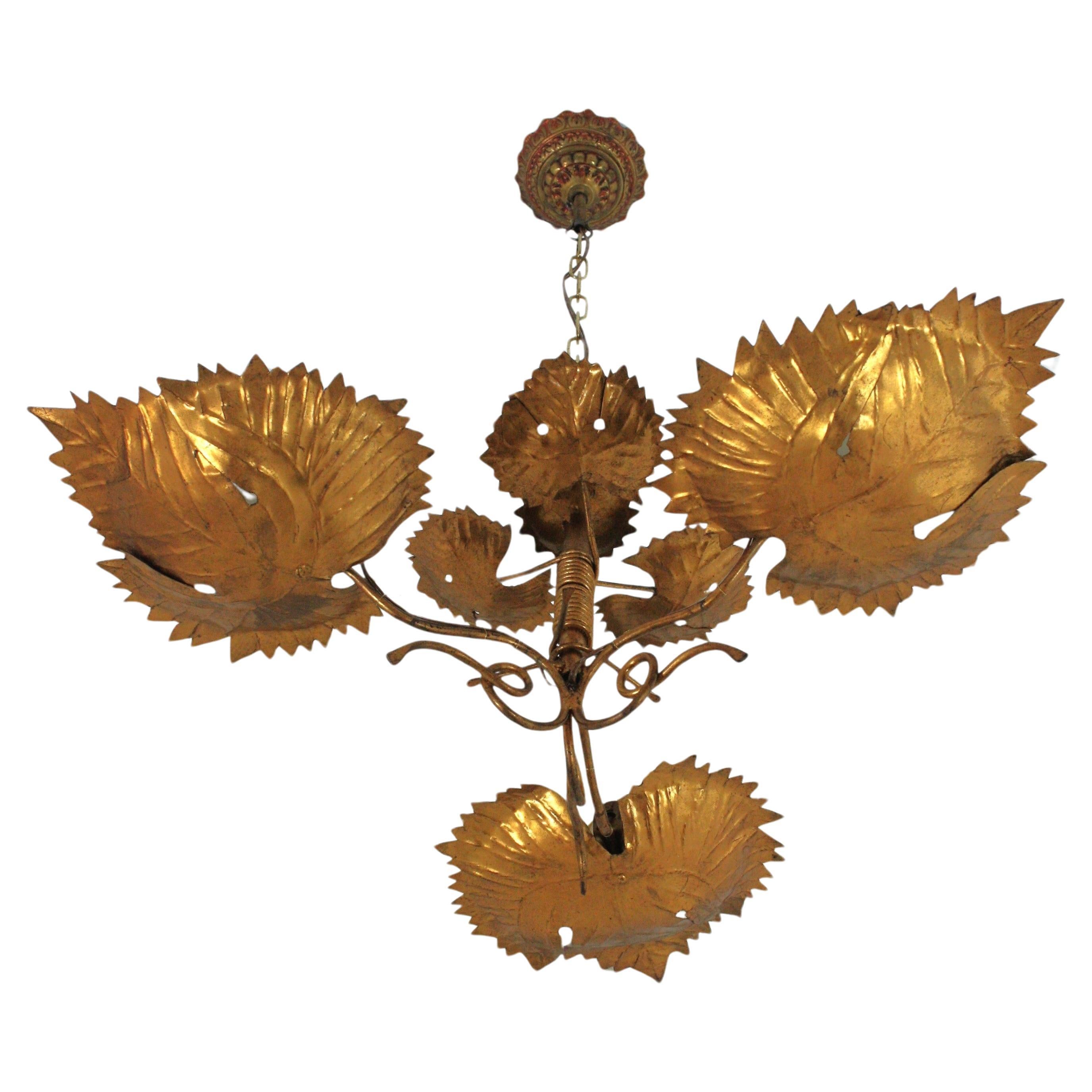 Foliage Chandelier / Pendant Ceiling Light Fixture in Gilt Iron, 1950s
