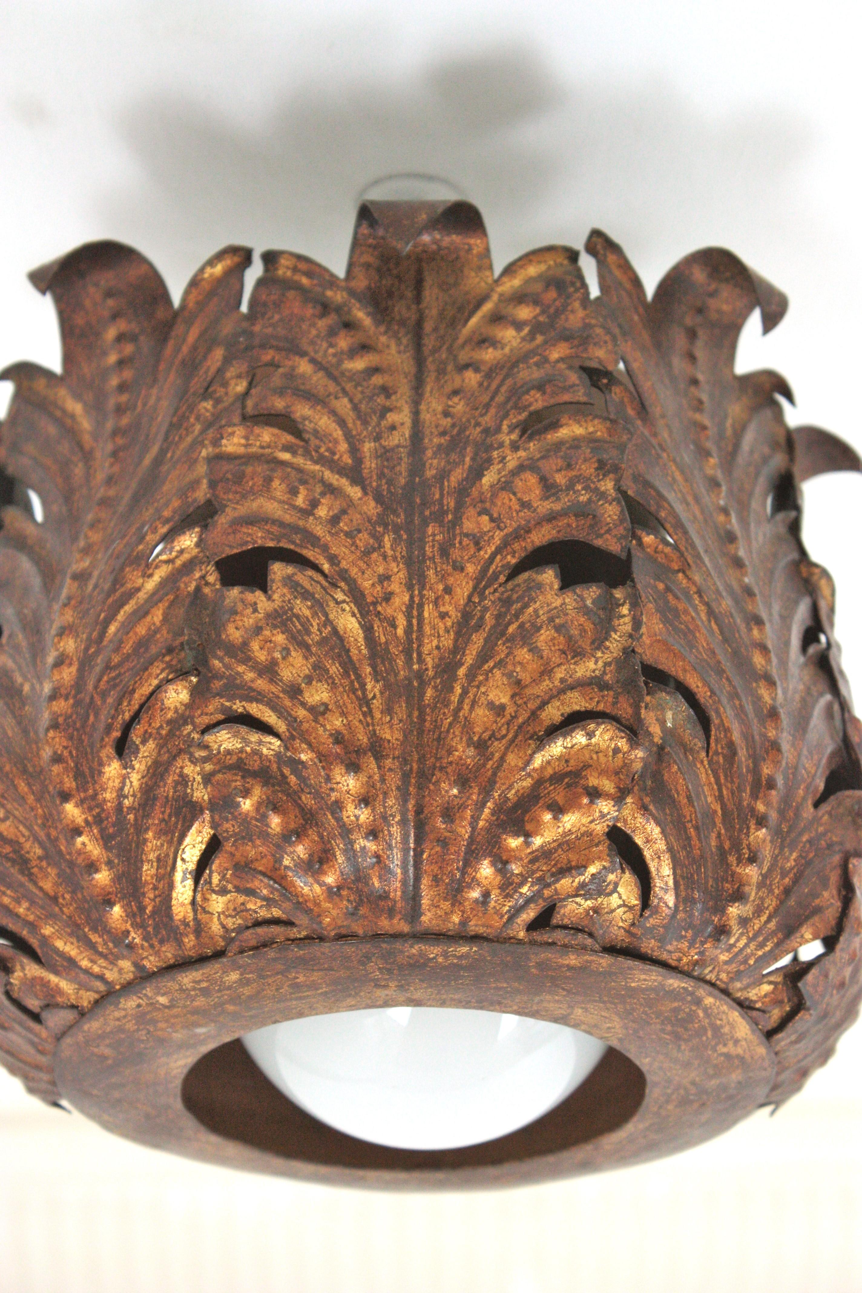 Spanish Foliage Crown Ceiling Light Fixture in Gilt Metal For Sale