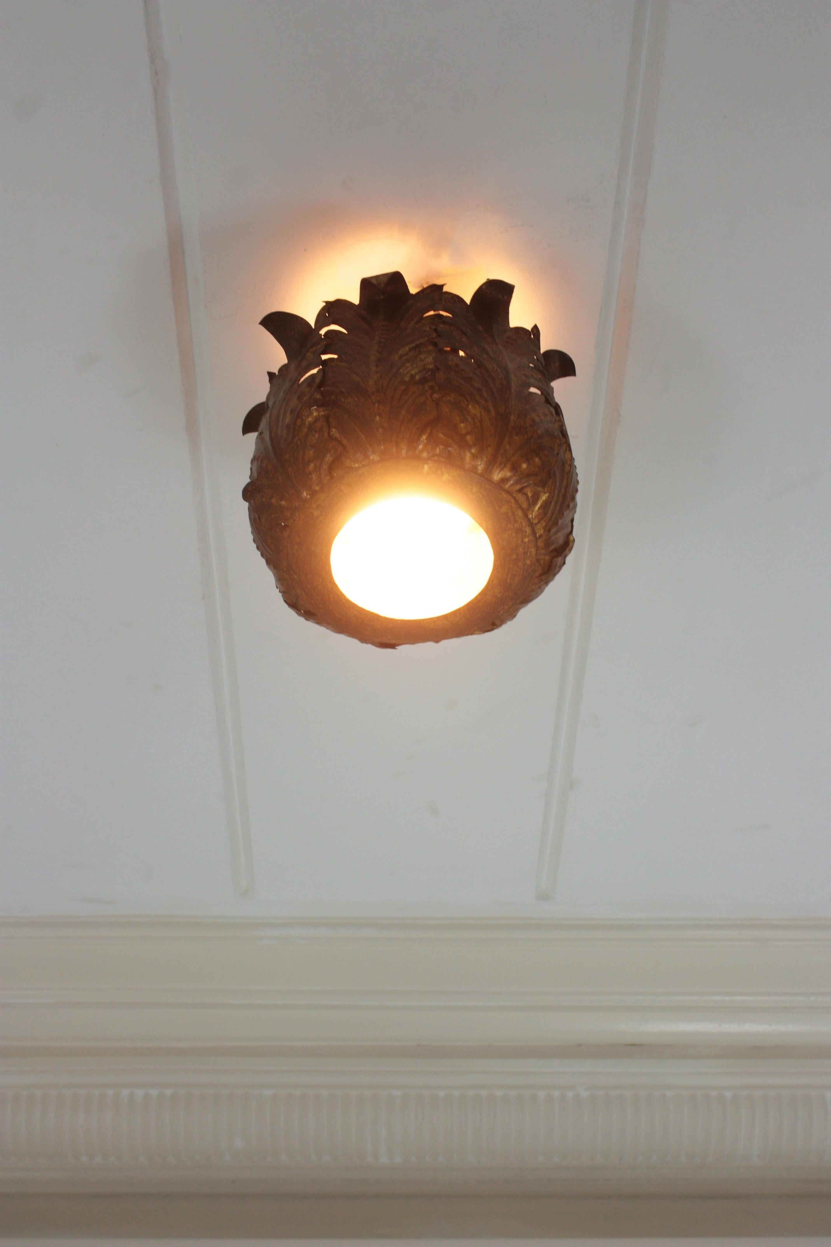 20th Century Foliage Crown Ceiling Light Fixture in Gilt Metal For Sale