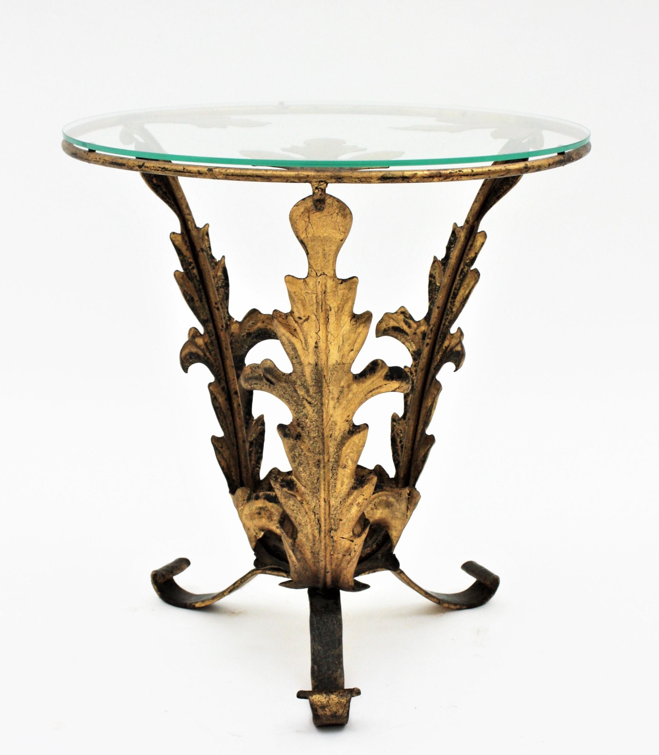 Glass Foliage Drinks Table or Side Table in Gilt Iron, Spain, 1940s For Sale