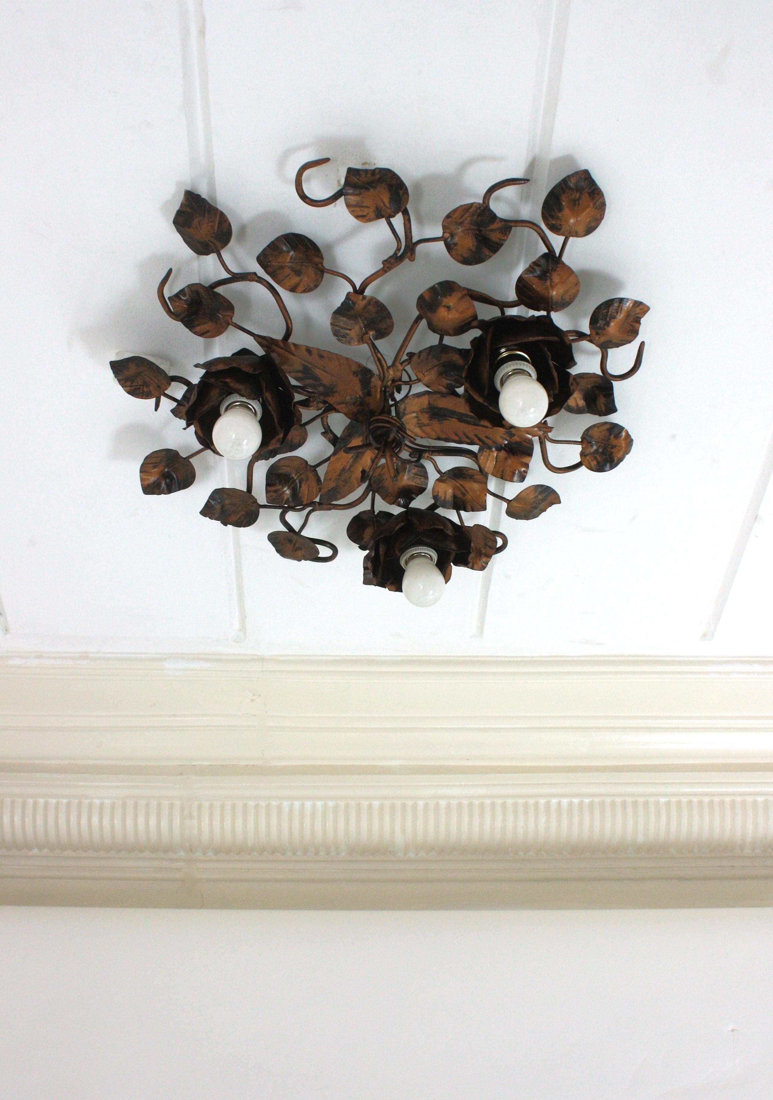 Foliage Floral Flush Mount Ceiling Light Fixture in Bronze Gilt Patinated Iron For Sale 2