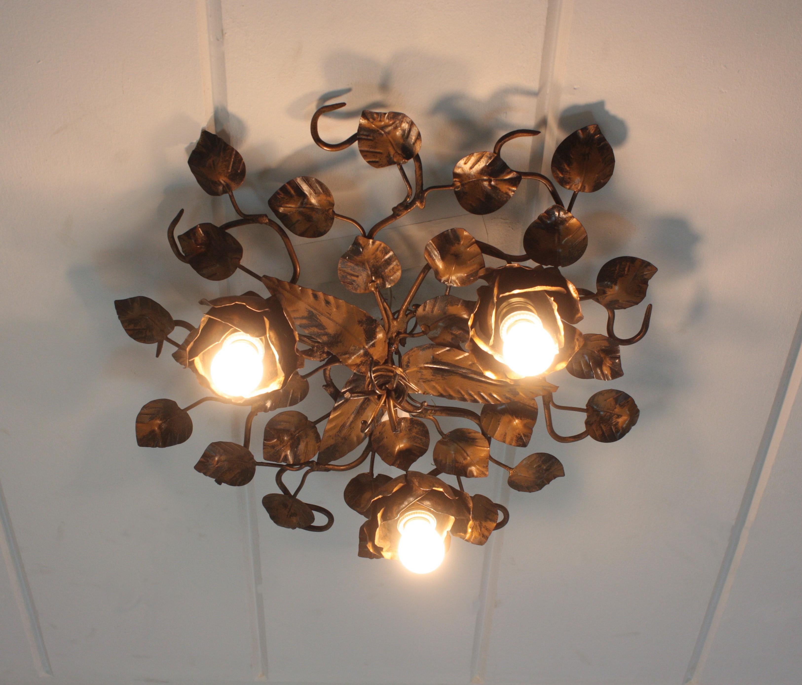 Foliage Floral Flush Mount Ceiling Light Fixture in Bronze Gilt Patinated Iron For Sale 3