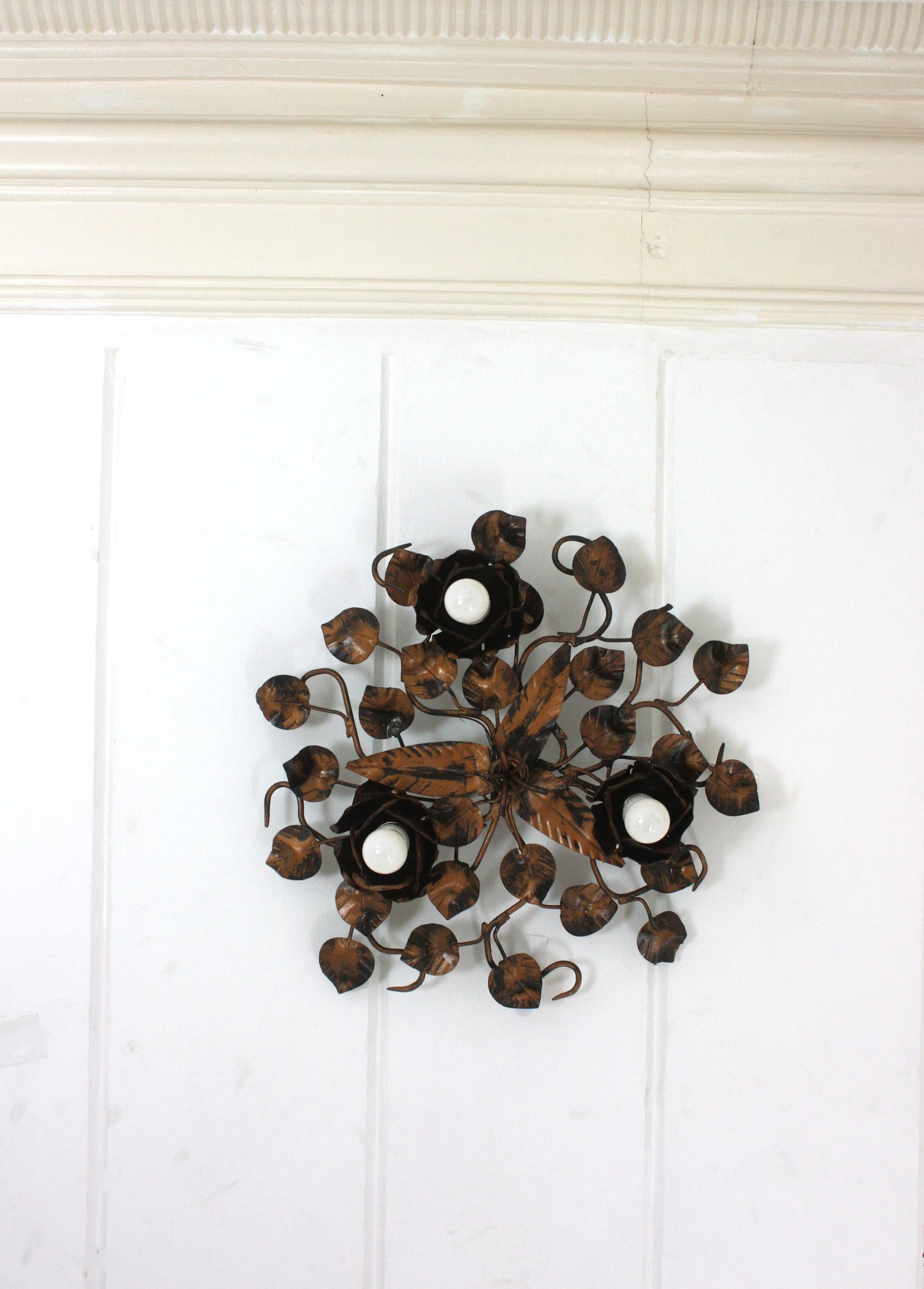 Foliage Floral Flush Mount Ceiling Light Fixture in Bronze Gilt Patinated Iron For Sale 5
