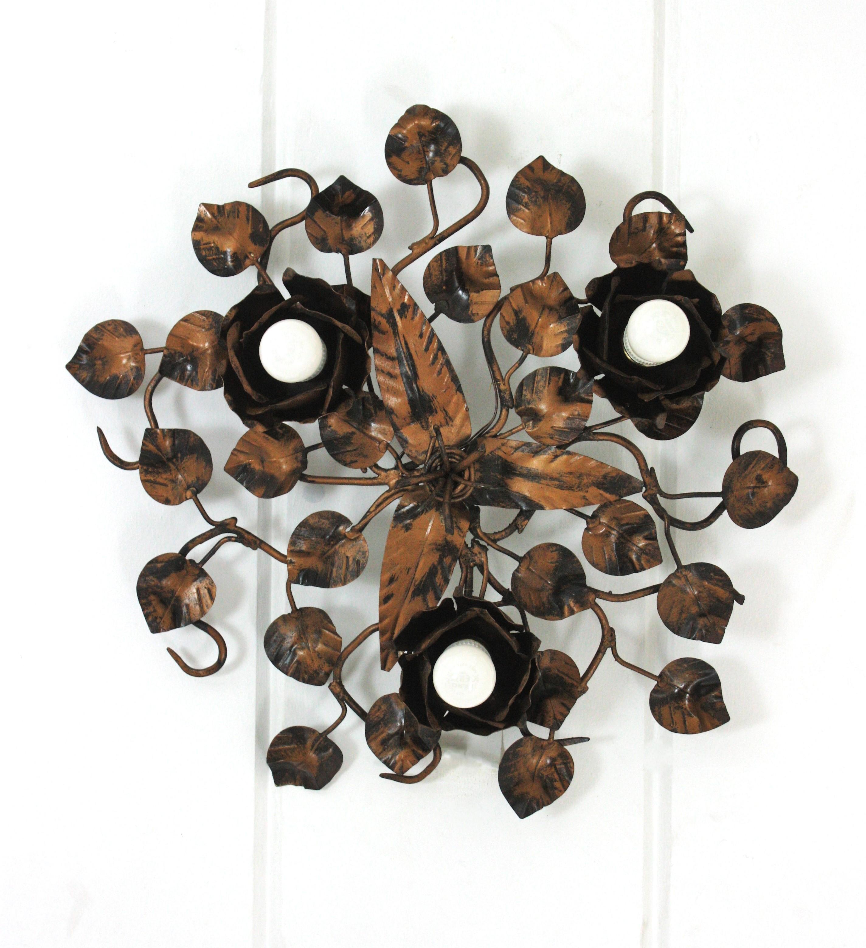 Foliage Floral Flush Mount Ceiling Light Fixture in Bronze Gilt Patinated Iron For Sale 6