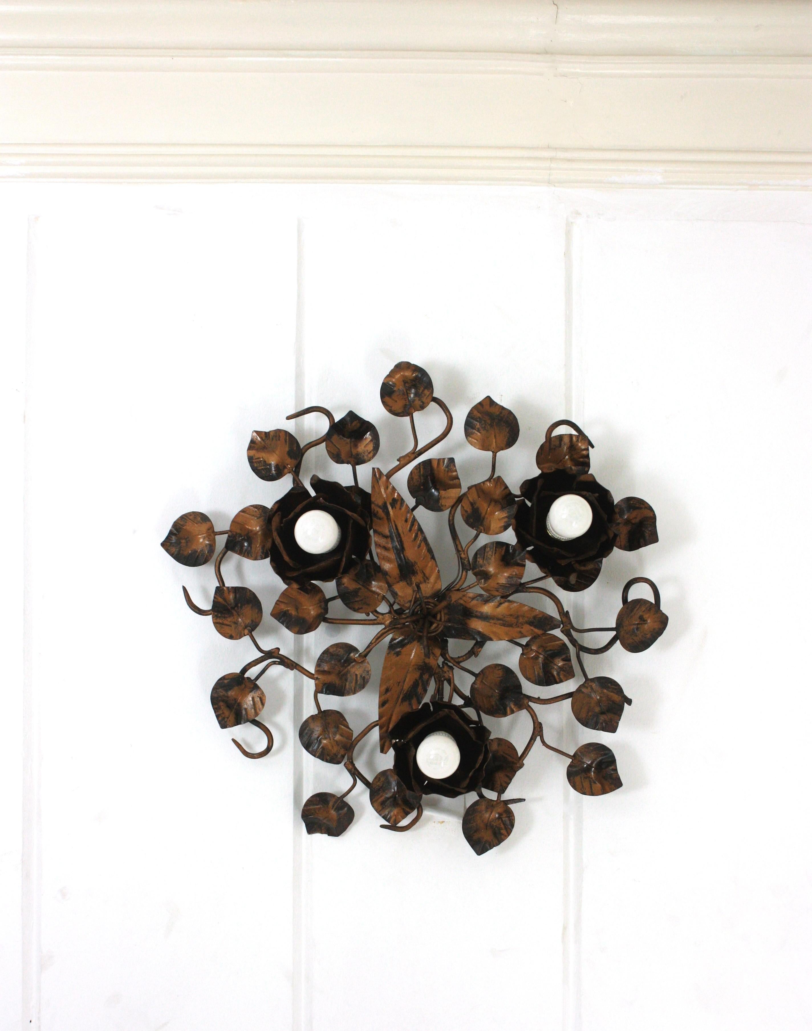 Foliage Floral Flush Mount Ceiling Light Fixture in Bronze Gilt Patinated Iron For Sale 7