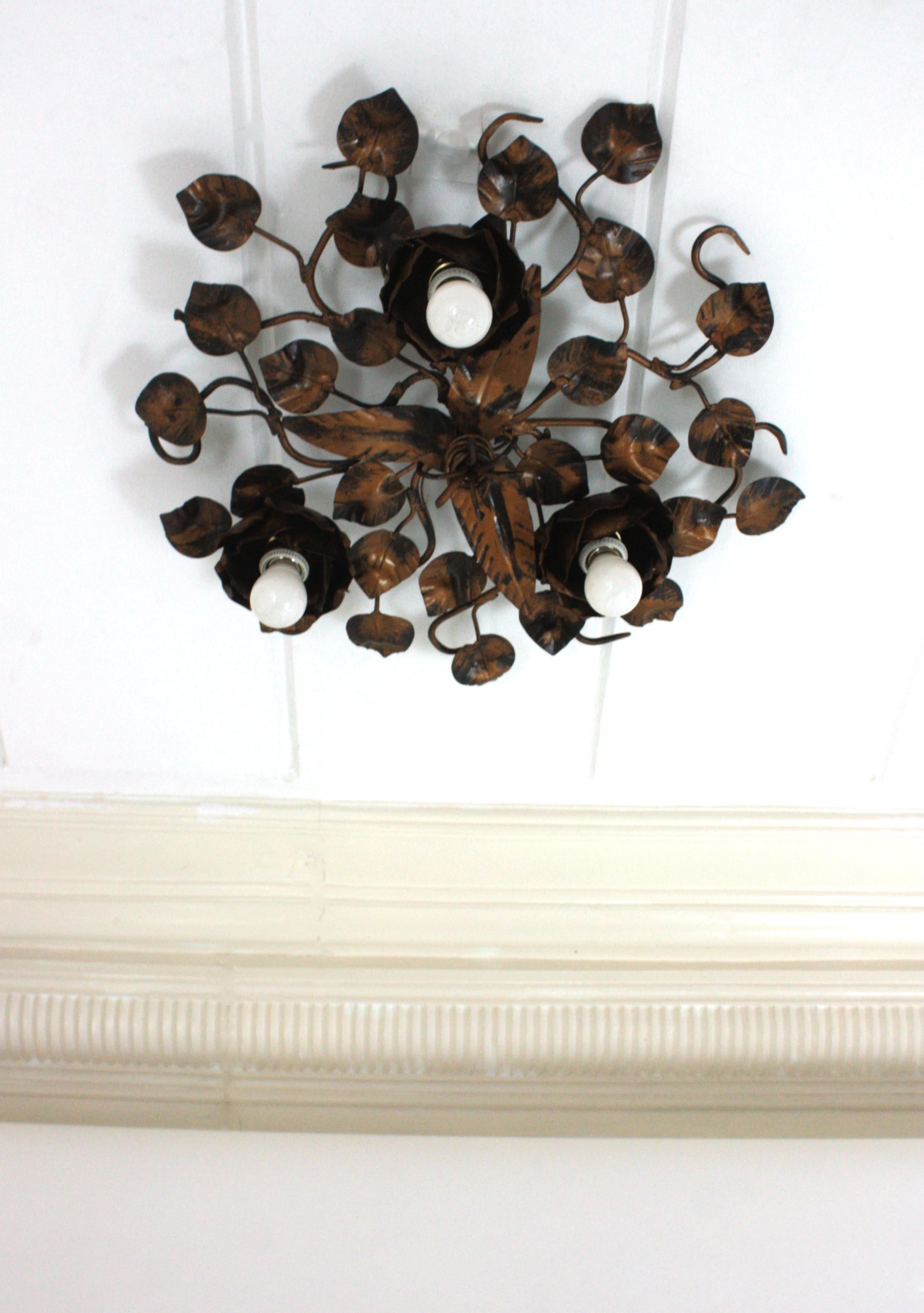 Foliage Floral Flush Mount Ceiling Light Fixture in Bronze Gilt Patinated Iron For Sale 8