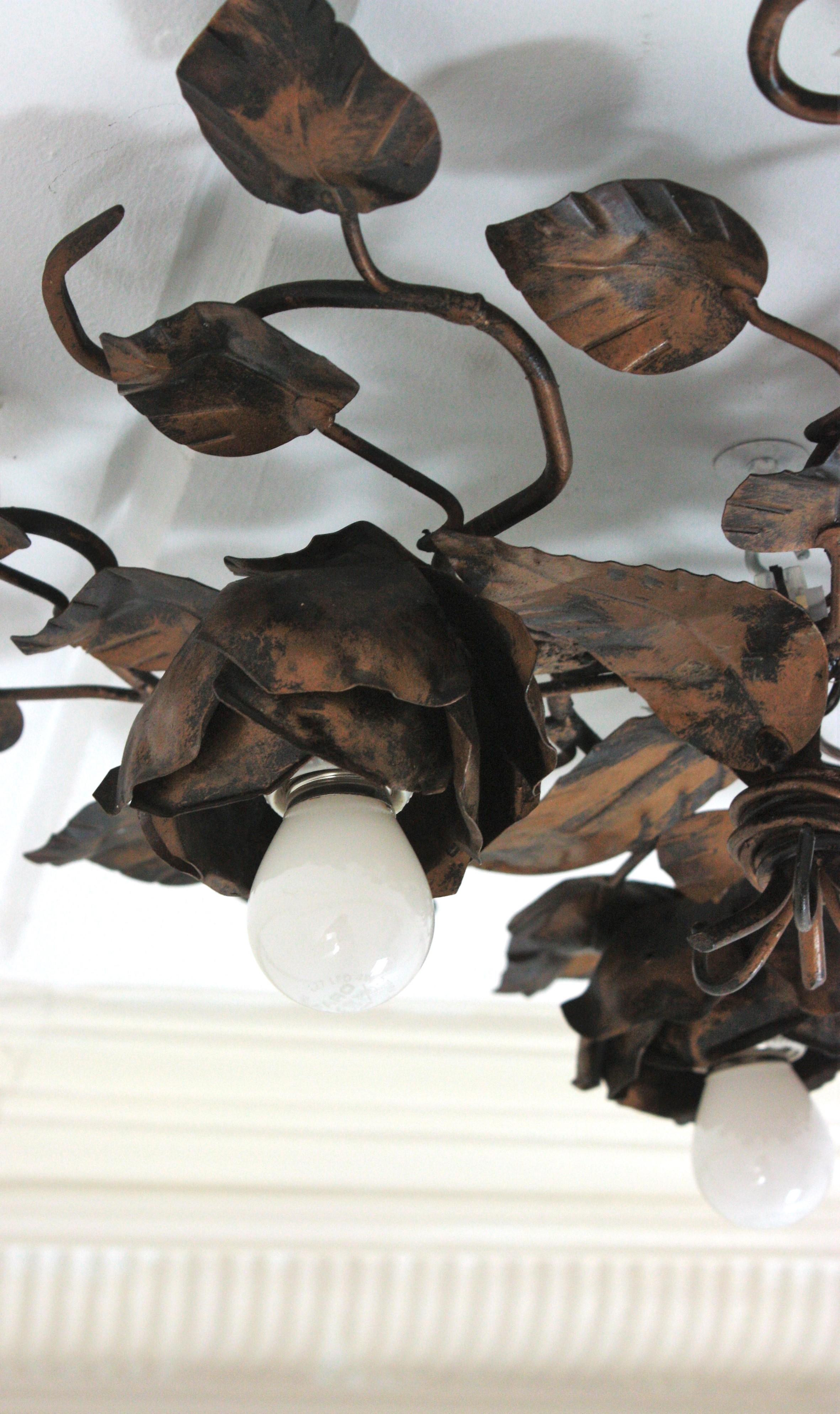 Foliage Floral Flush Mount Ceiling Light Fixture in Bronze Gilt Patinated Iron For Sale 9