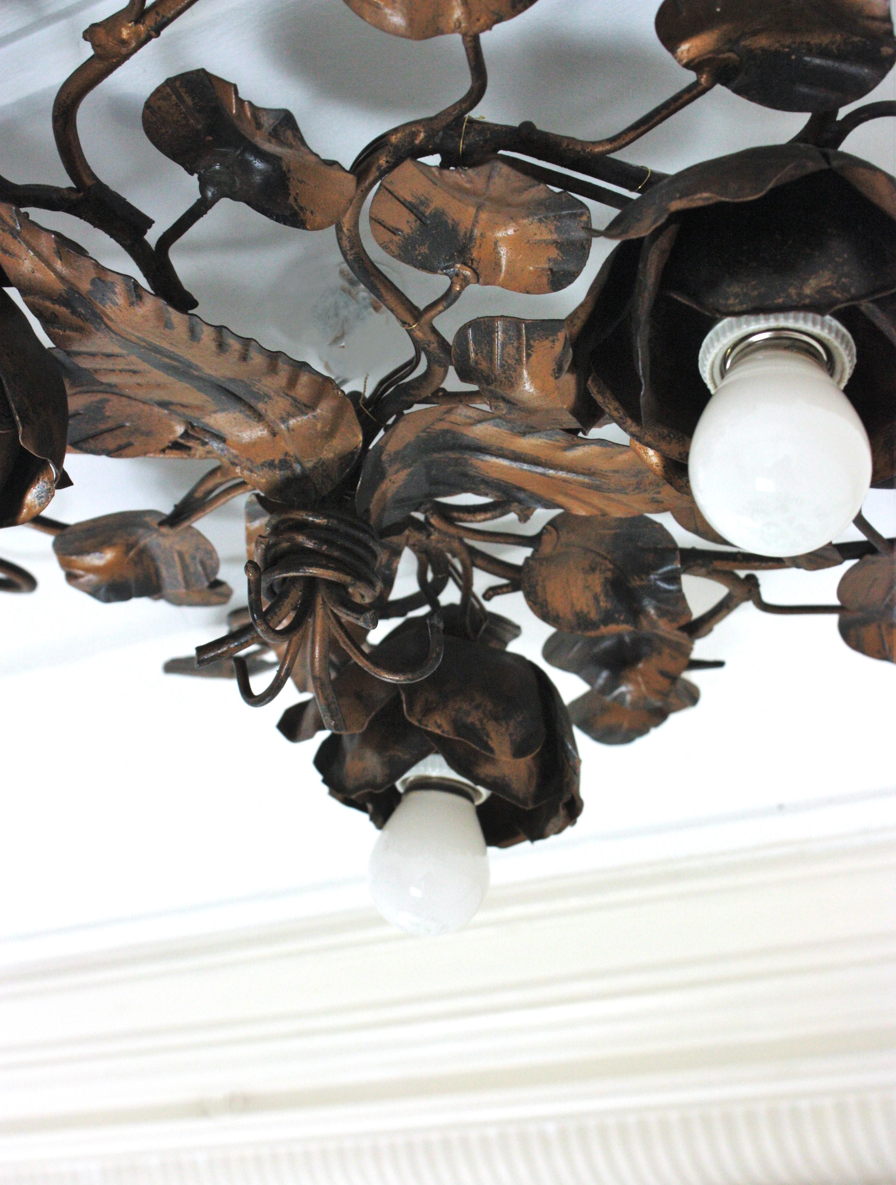 Foliage Floral Flush Mount Ceiling Light Fixture in Bronze Gilt Patinated Iron For Sale 11