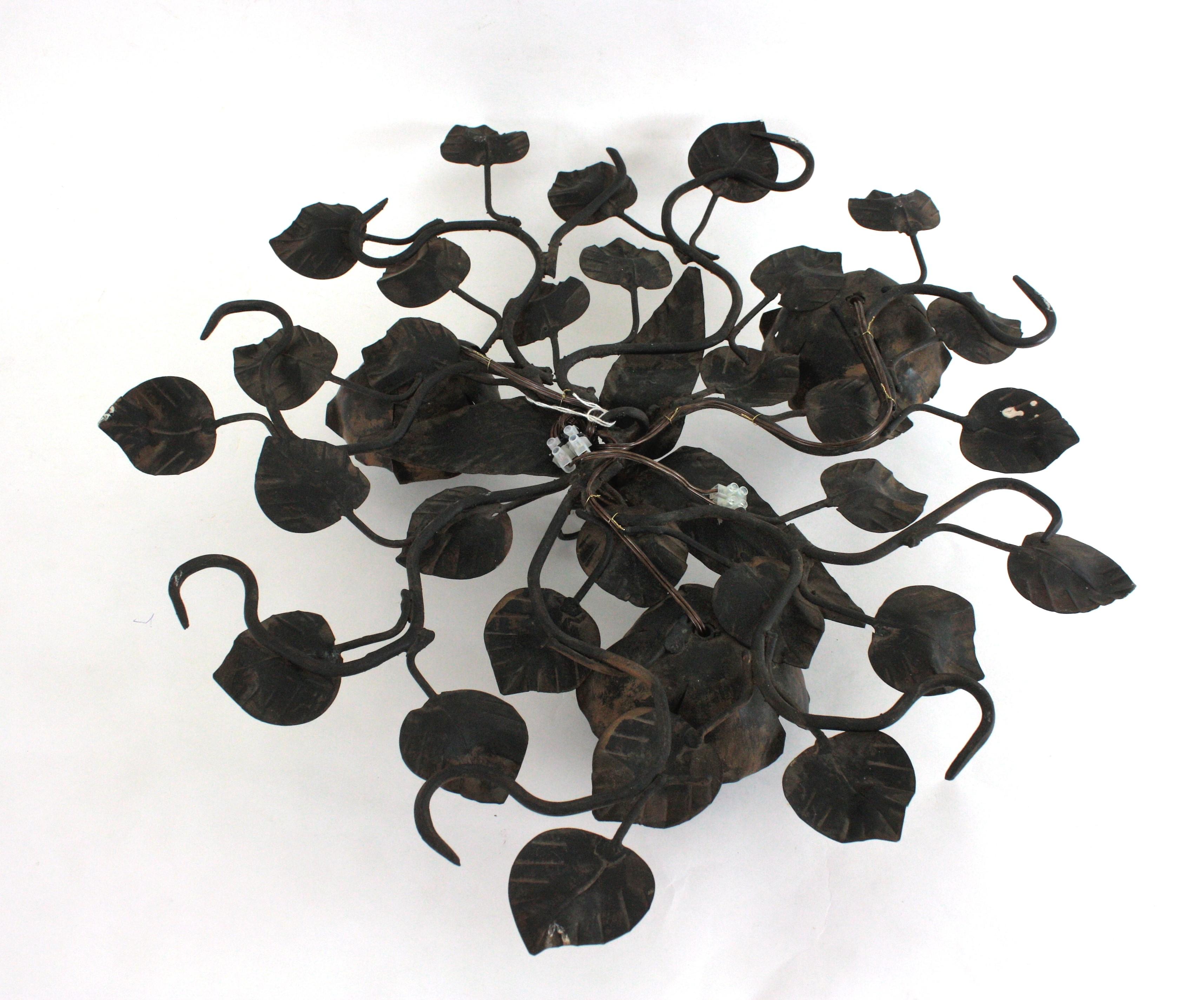 Foliage Floral Flush Mount Ceiling Light Fixture in Bronze Gilt Patinated Iron For Sale 12
