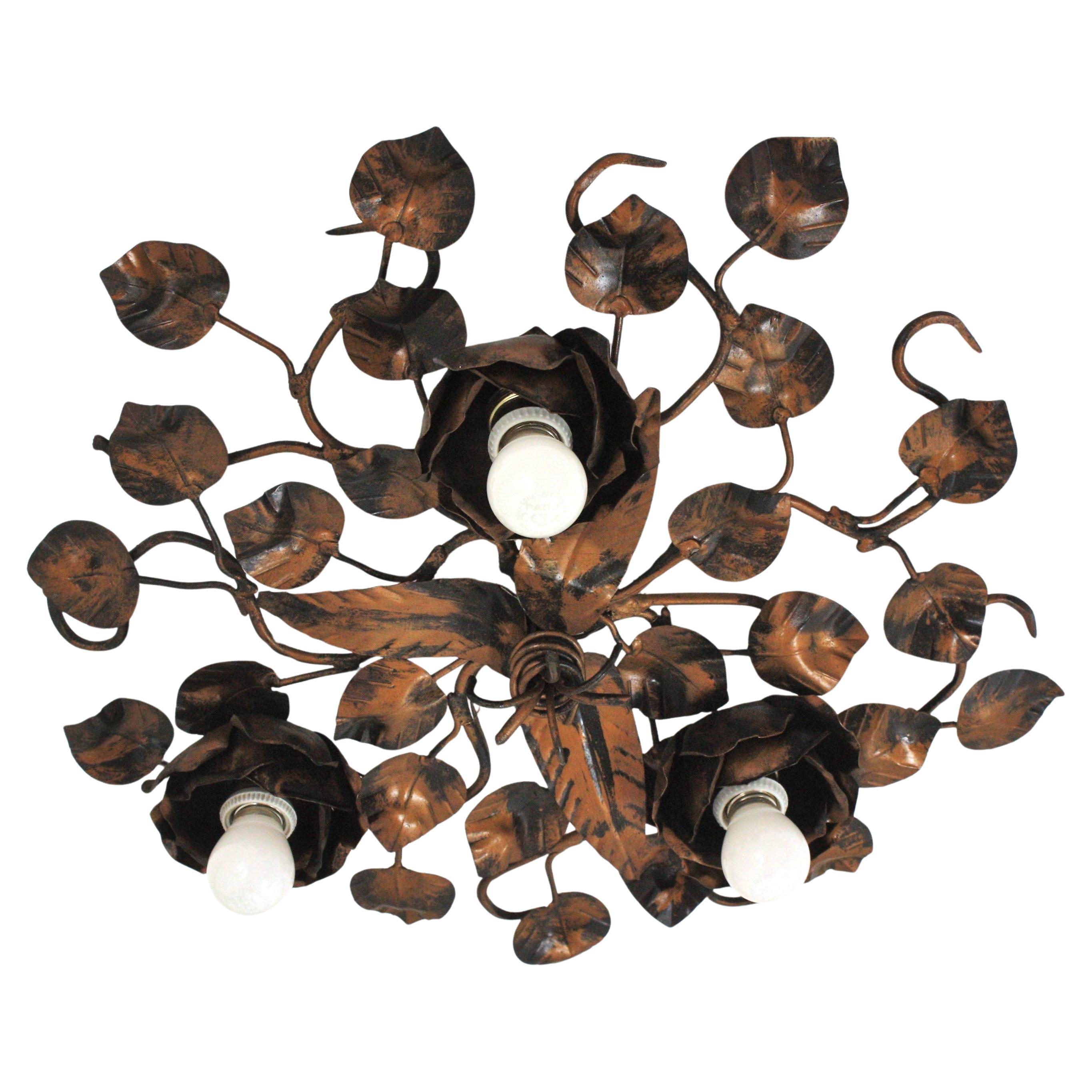 Mid-Century Modern Foliage Floral Flush Mount Ceiling Light Fixture in Bronze Gilt Patinated Iron For Sale