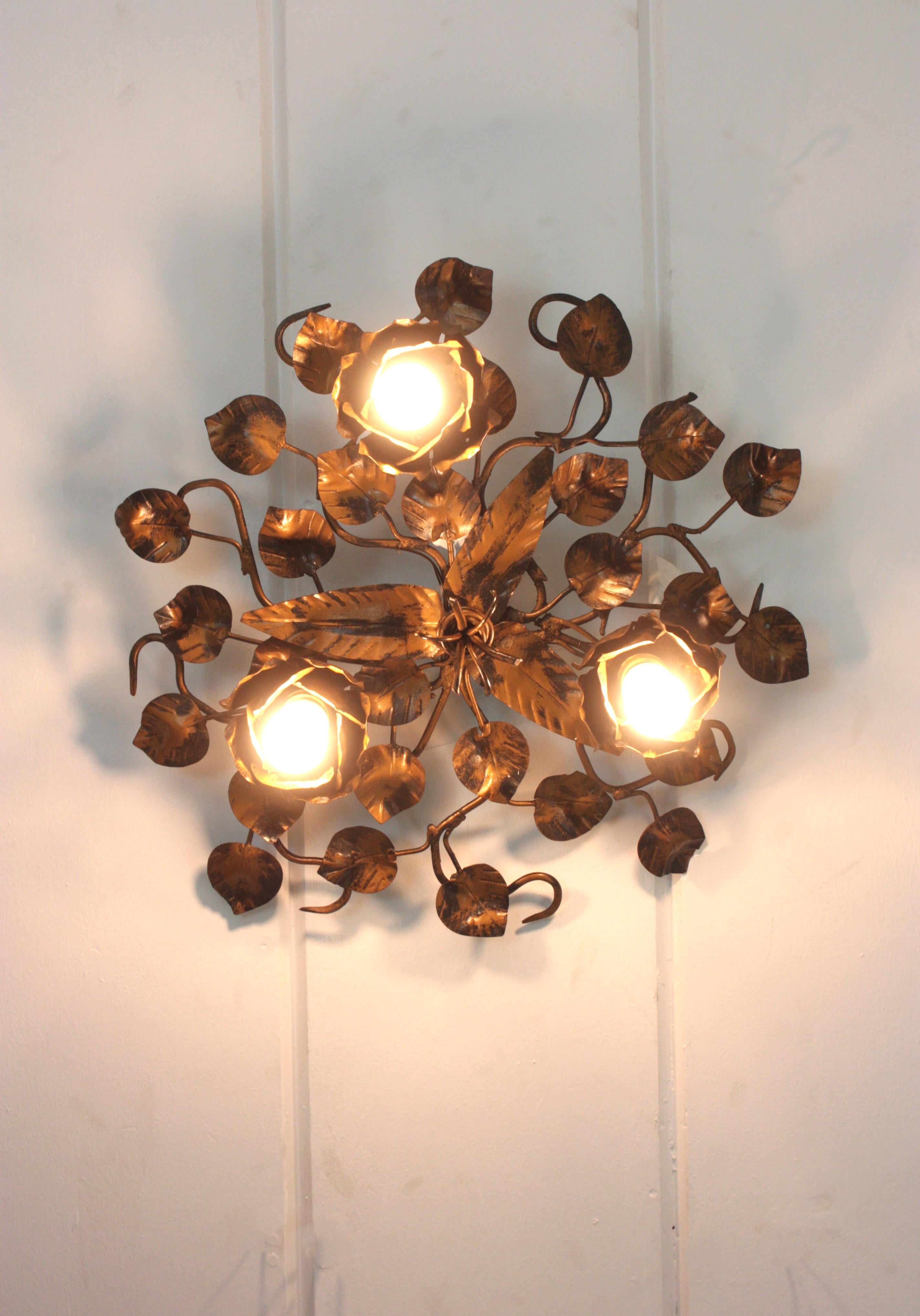 Spanish Foliage Floral Flush Mount Ceiling Light Fixture in Bronze Gilt Patinated Iron For Sale